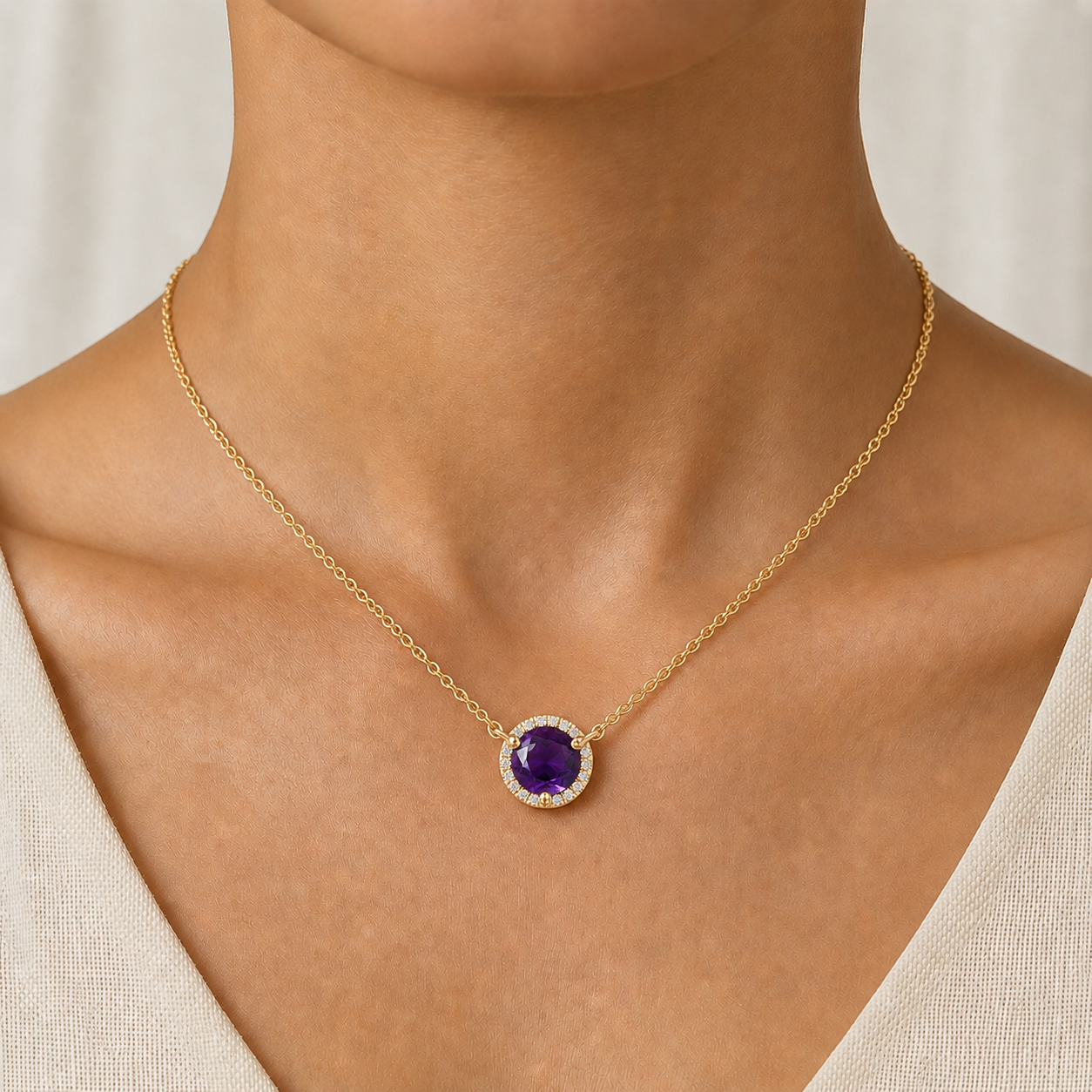 Round Amethyst Diamond Necklace In 14K Gold