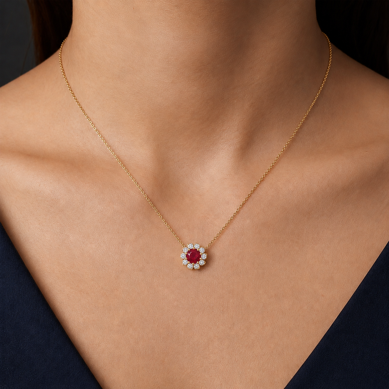 Ruby Daisy Floral Necklace in 18K Gold