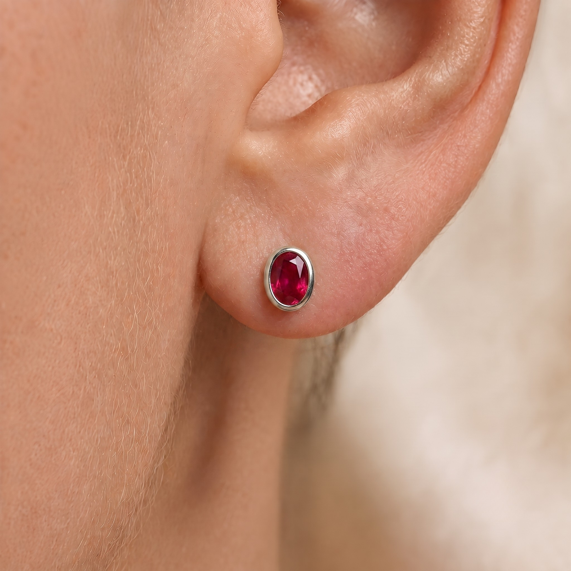 Ruby Oval Bezel Earrings in 18K Gold