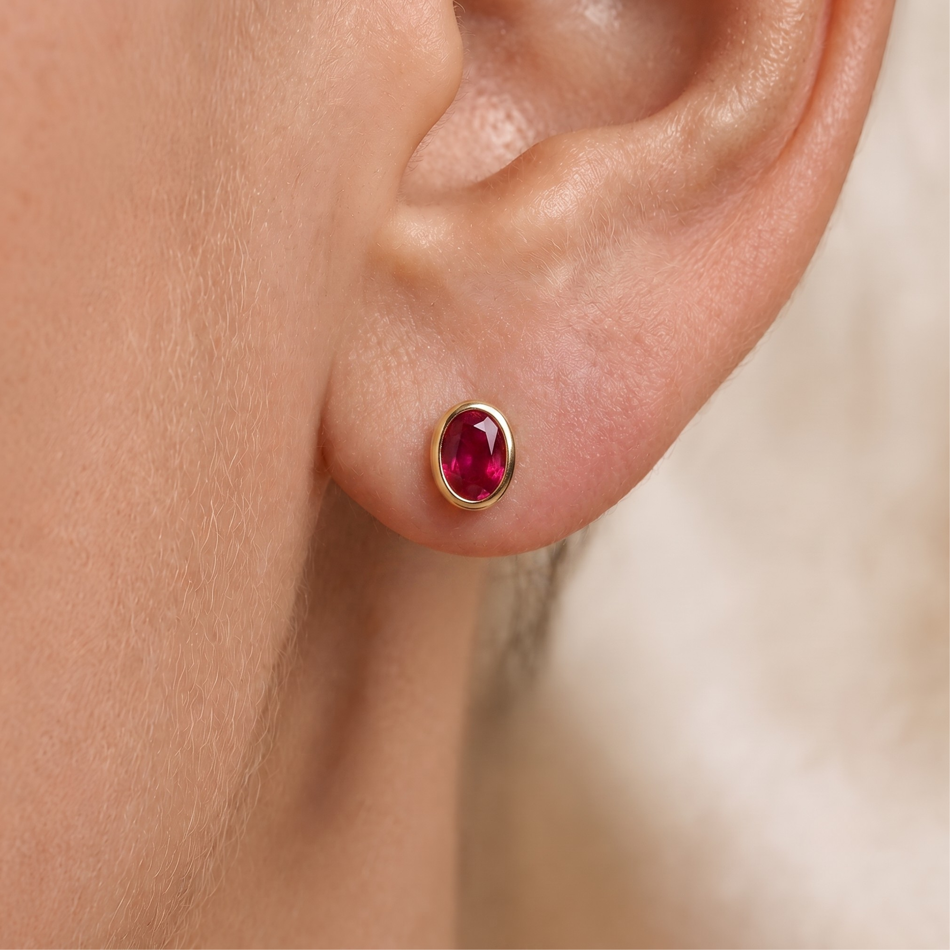 Ruby Oval Bezel Earrings in 18K Gold