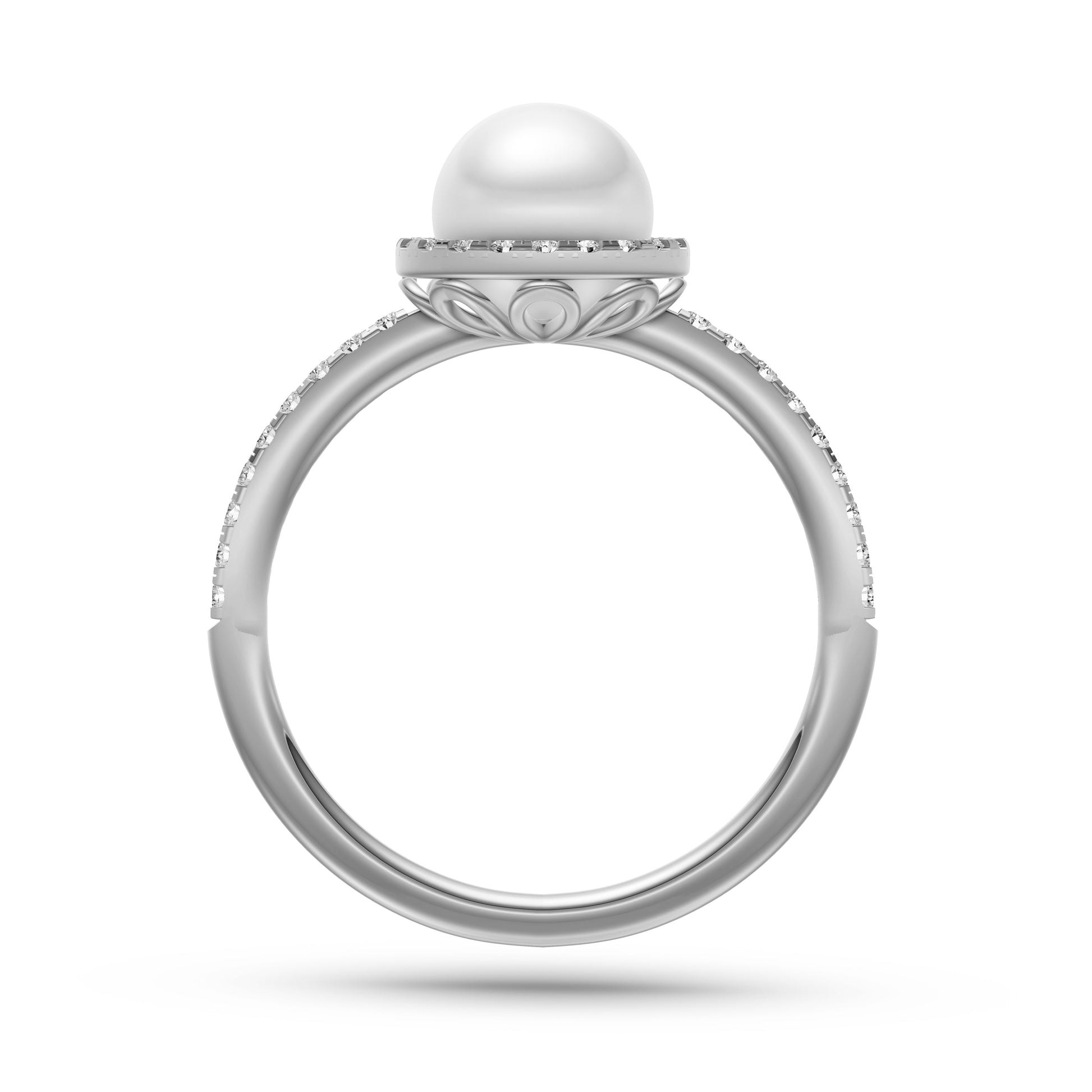 Classic Pearl Ring with Diamond Halo Ring In 14K Gold