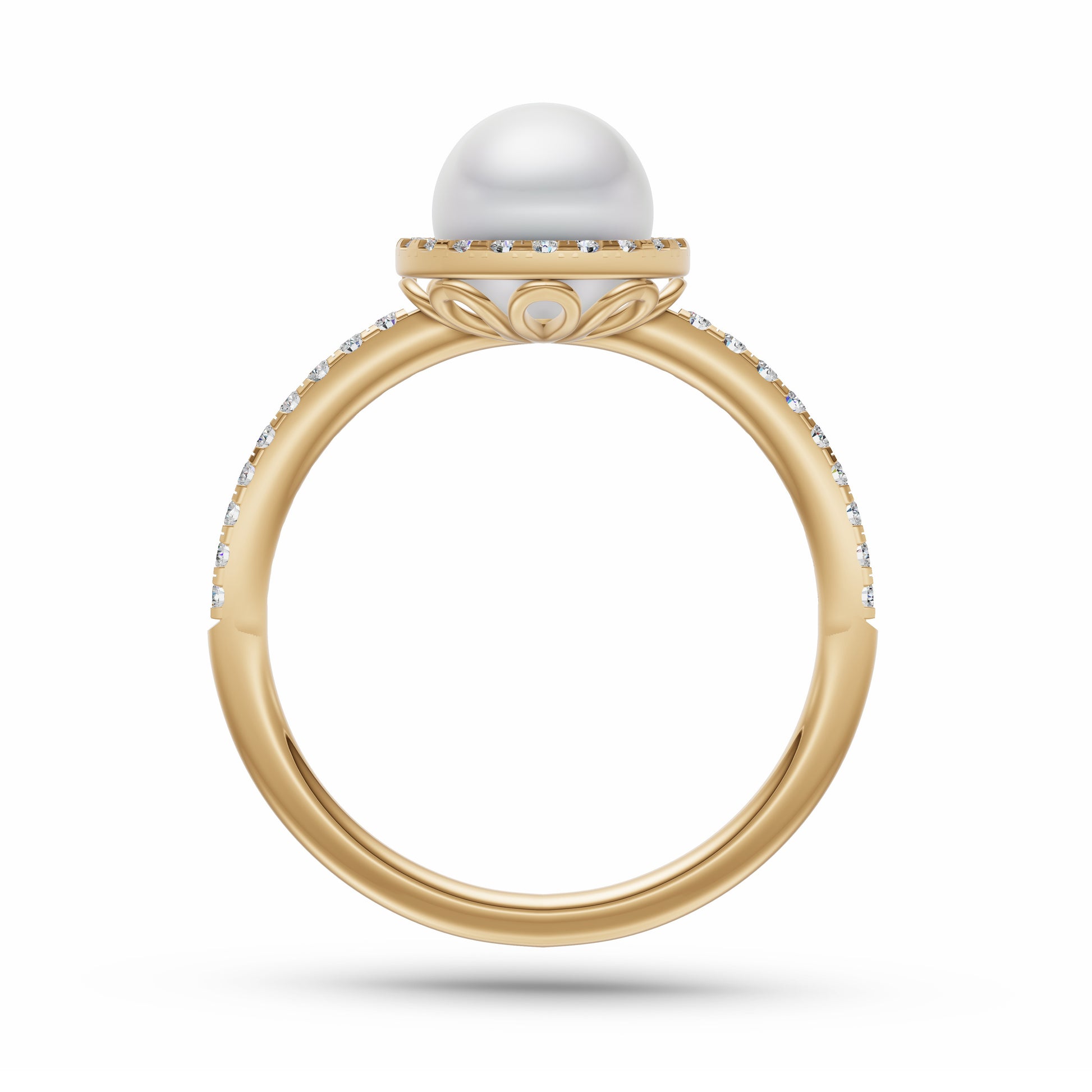 Classic Pearl Ring with Diamond Halo Ring In 14K Gold