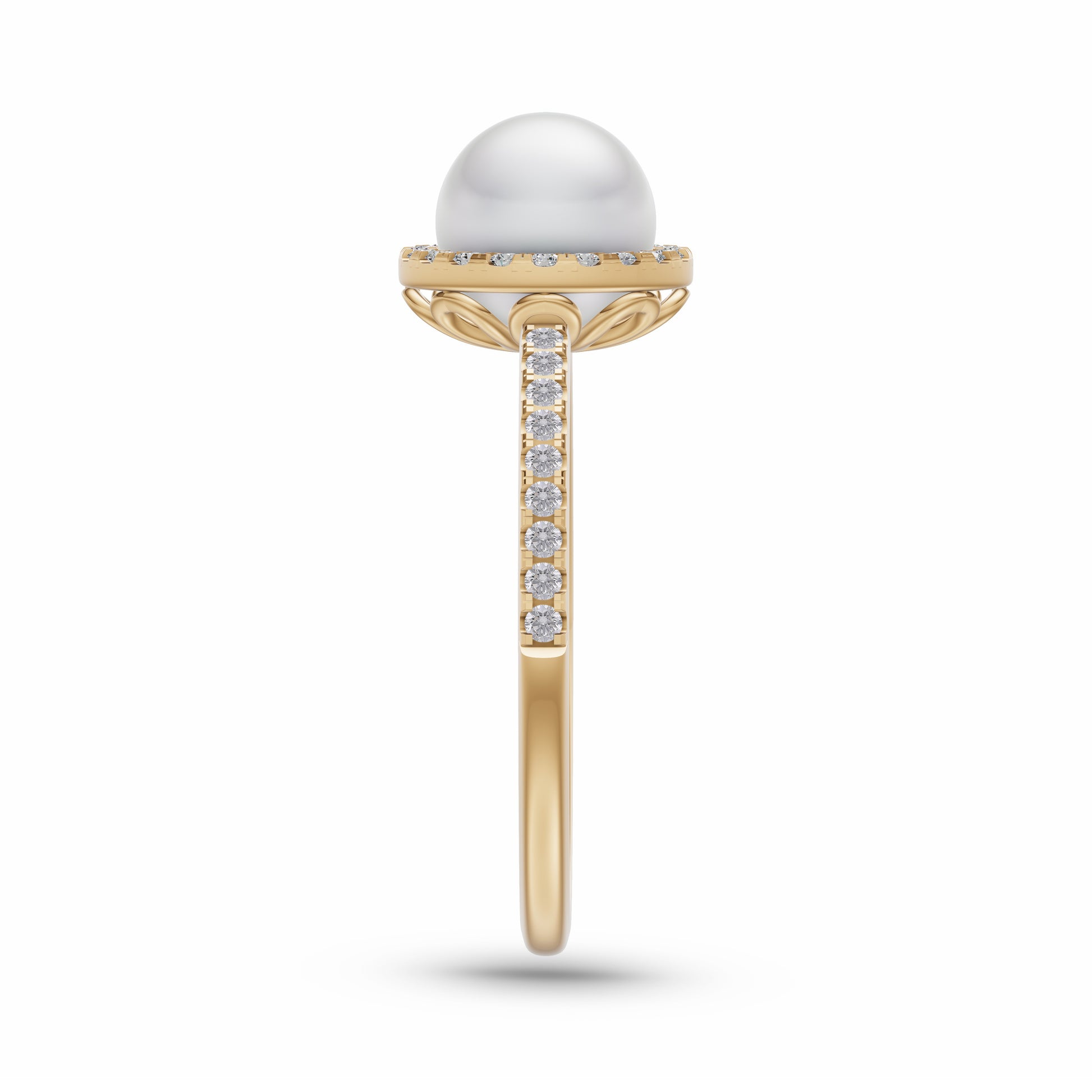 Classic Pearl Ring with Diamond Halo Ring In 14K Gold