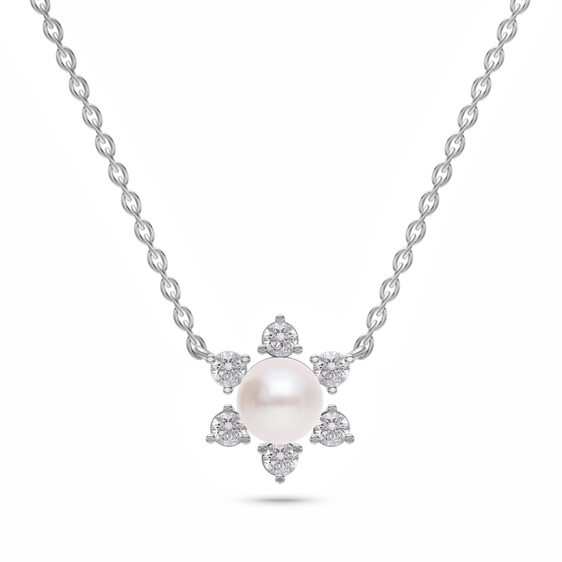 Floral Shaped Pearl Diamond Necklace In 14K Gold