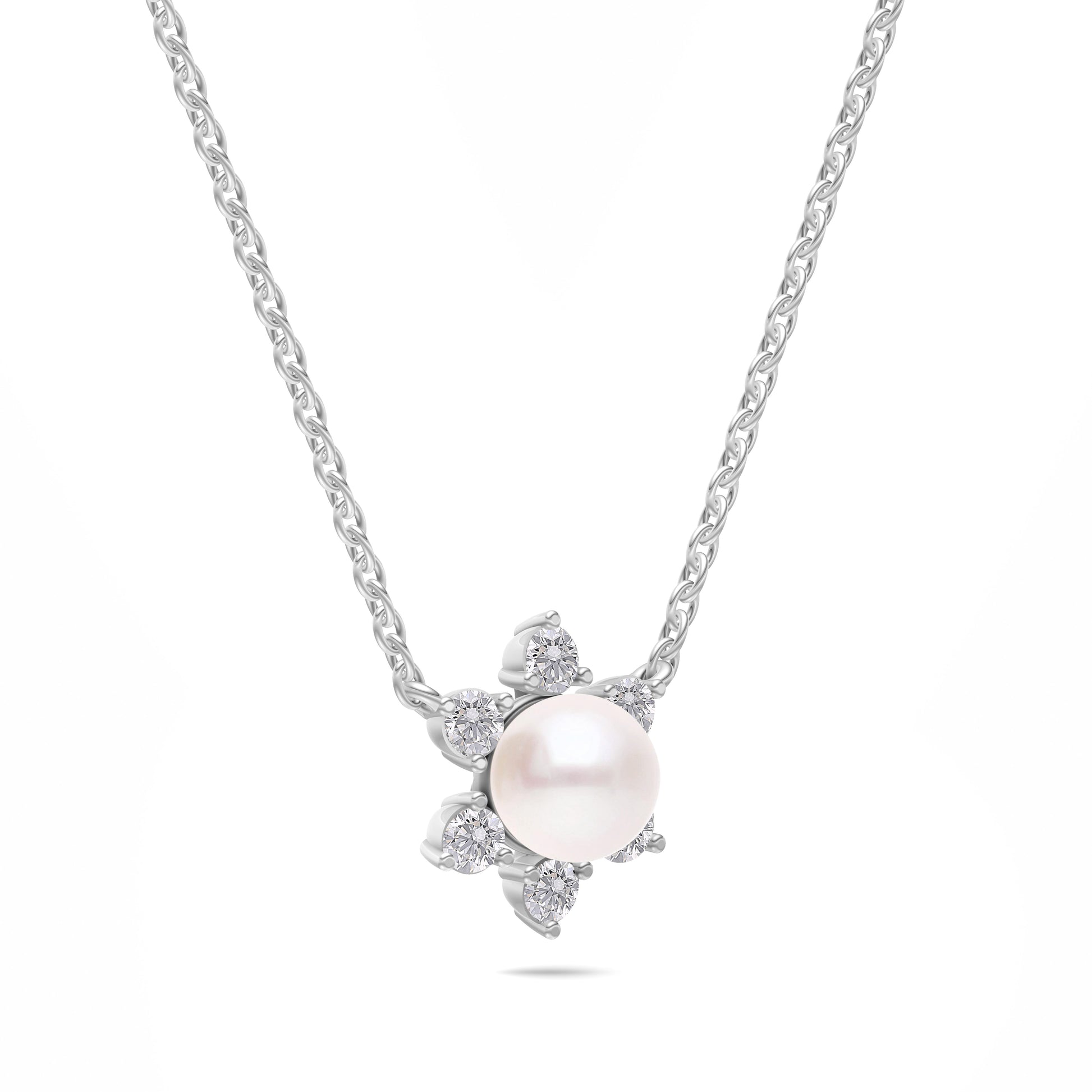 Floral Shaped Pearl Diamond Necklace In 14K Gold