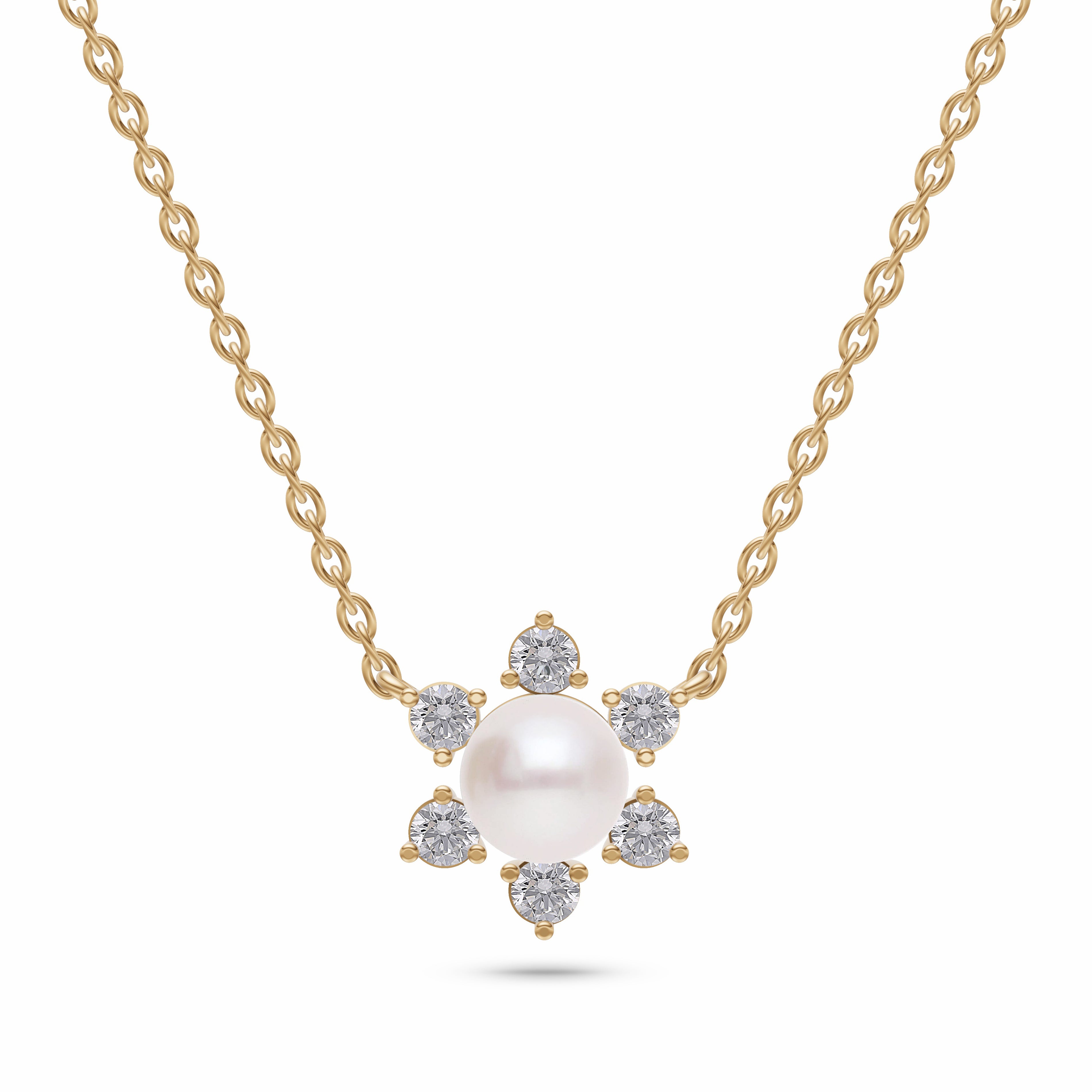 Floral Shaped Pearl Diamond Necklace In 14K Gold
