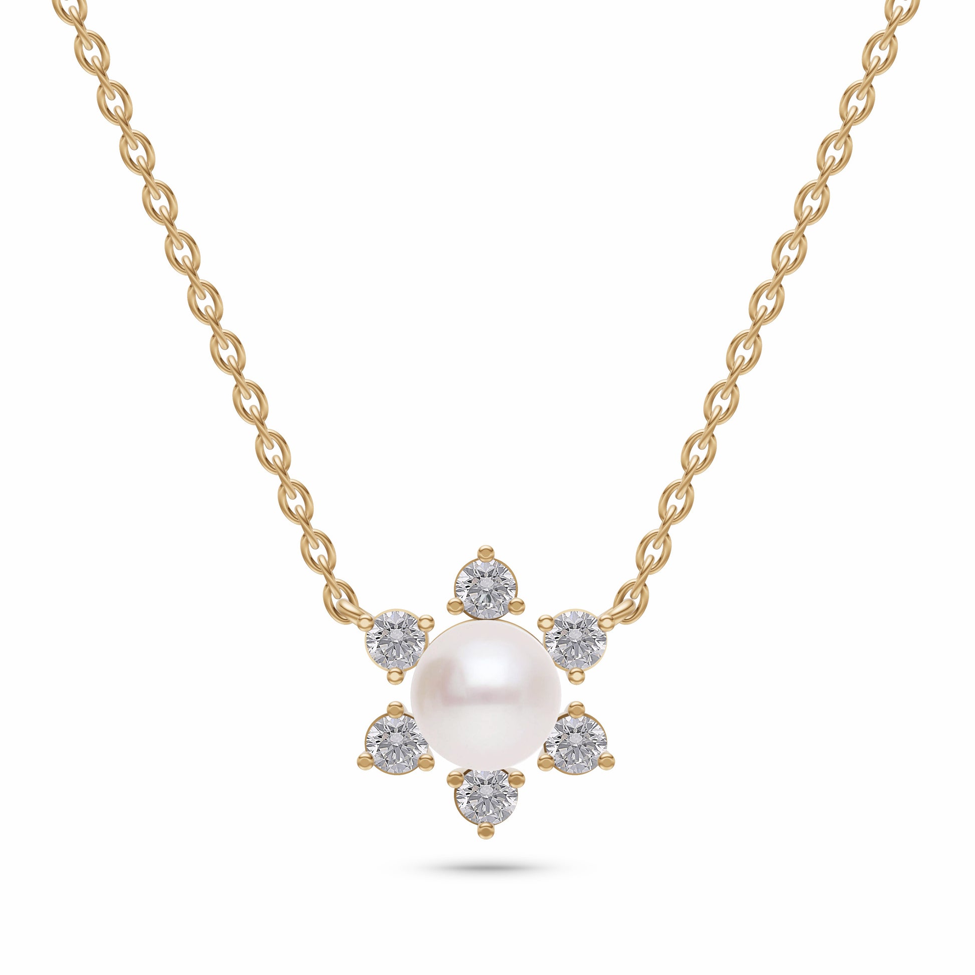 Floral Shaped Pearl Diamond Necklace In 14K Gold