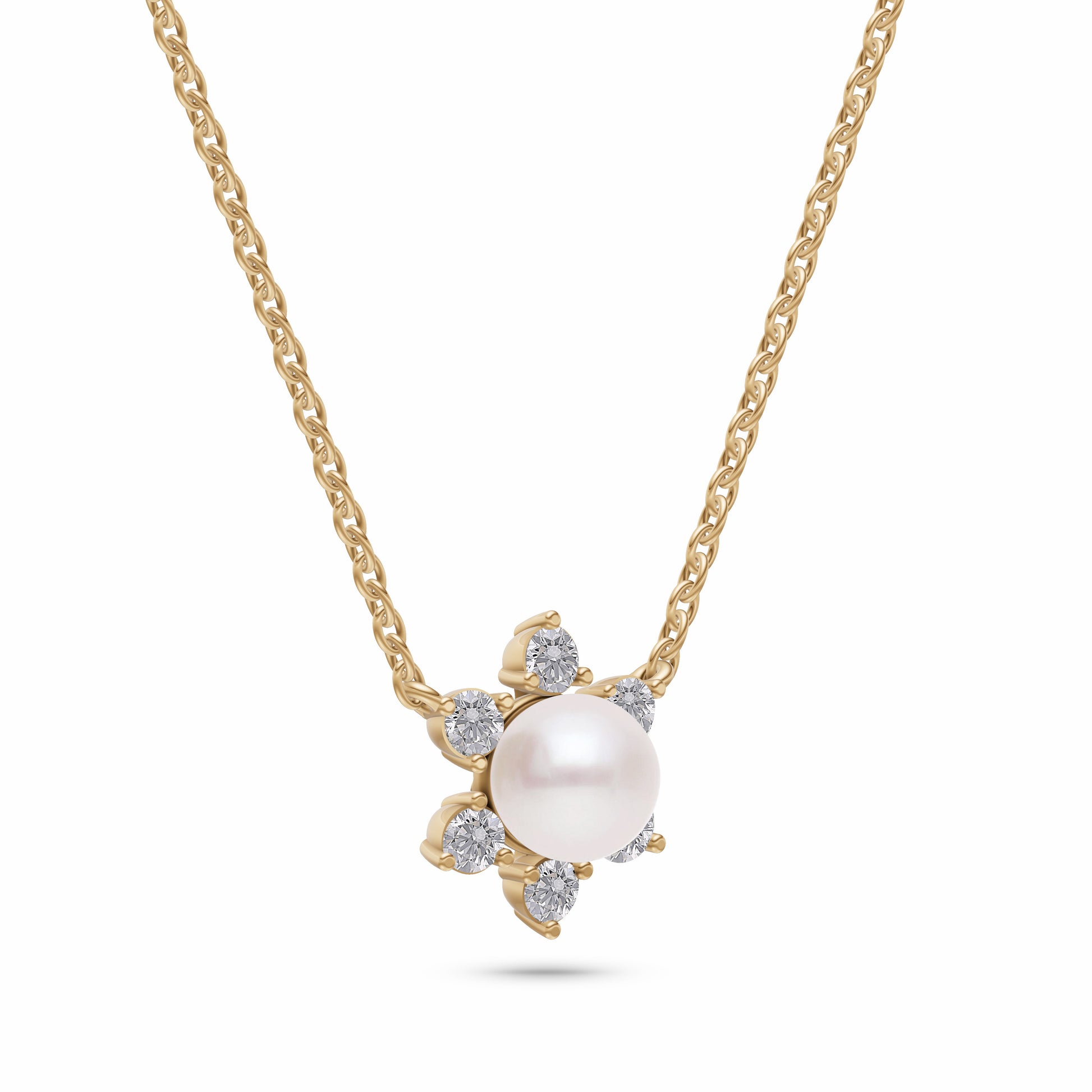 Floral Shaped Pearl Diamond Necklace In 14K Gold