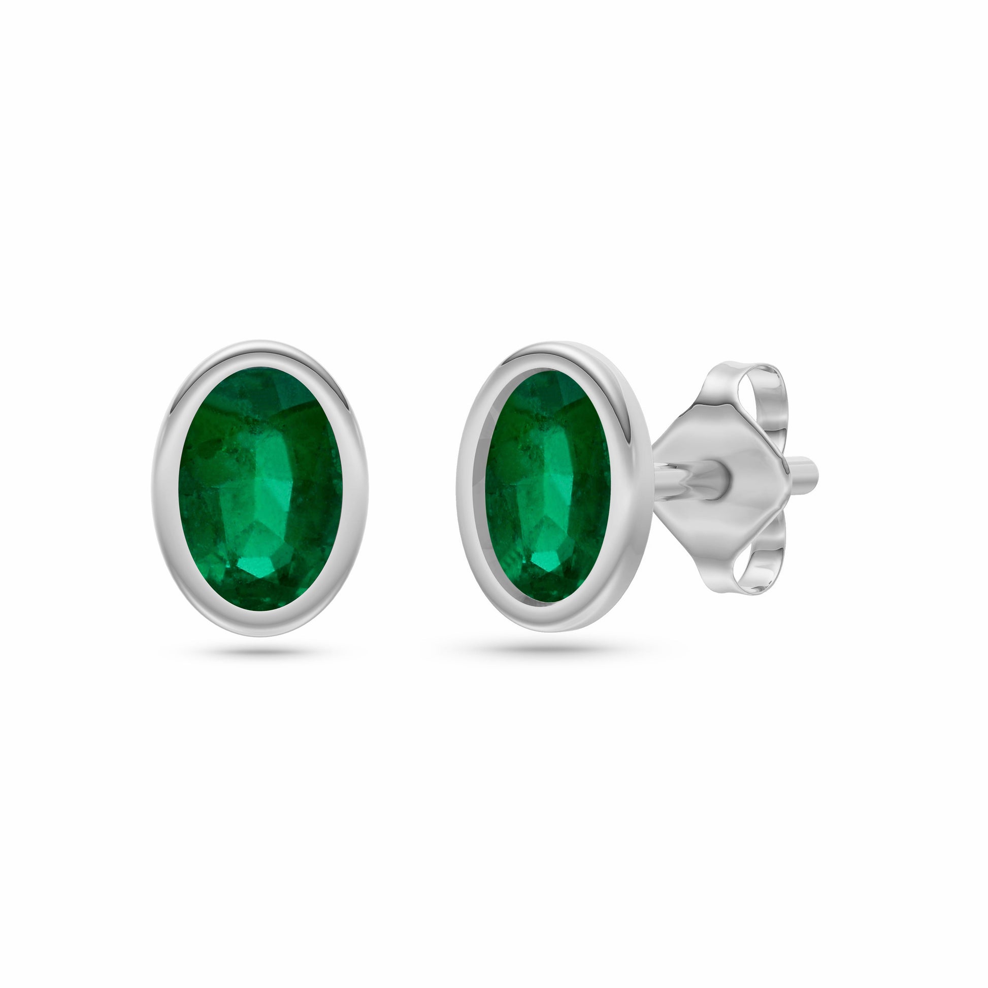 Emerald Oval Bezel Earrings in 18K Gold