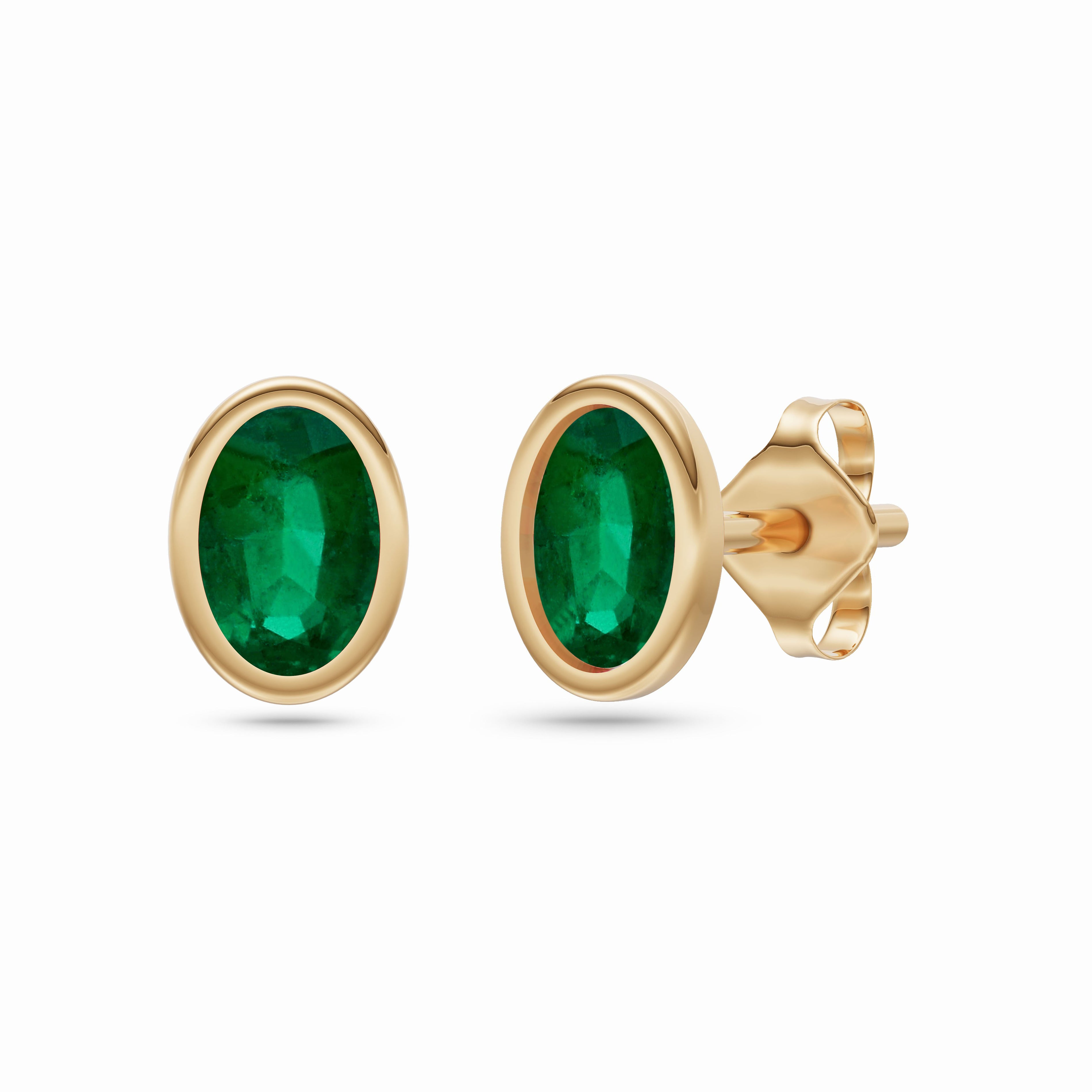 Emerald Oval Bezel Earrings in 18K Gold