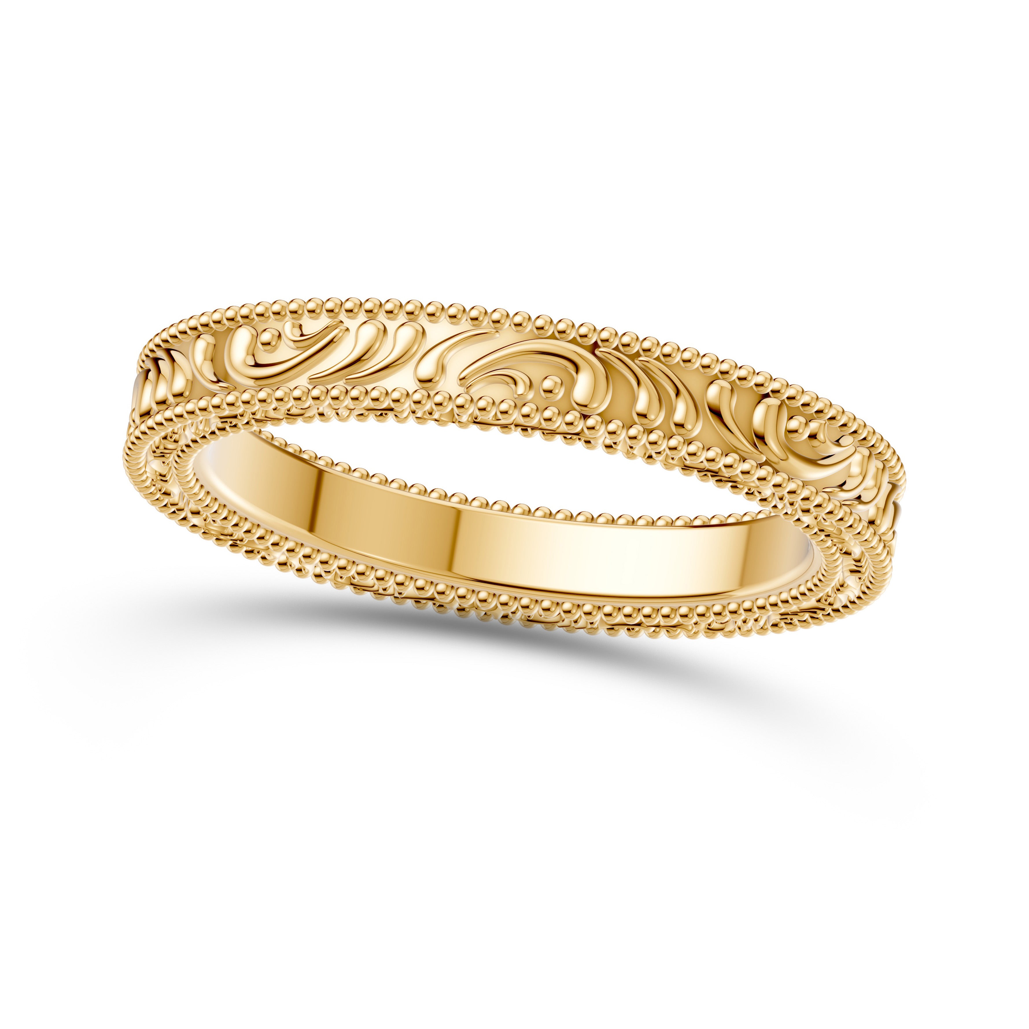 Engraved Gold Band in 14K Gold, Milgrain Detail