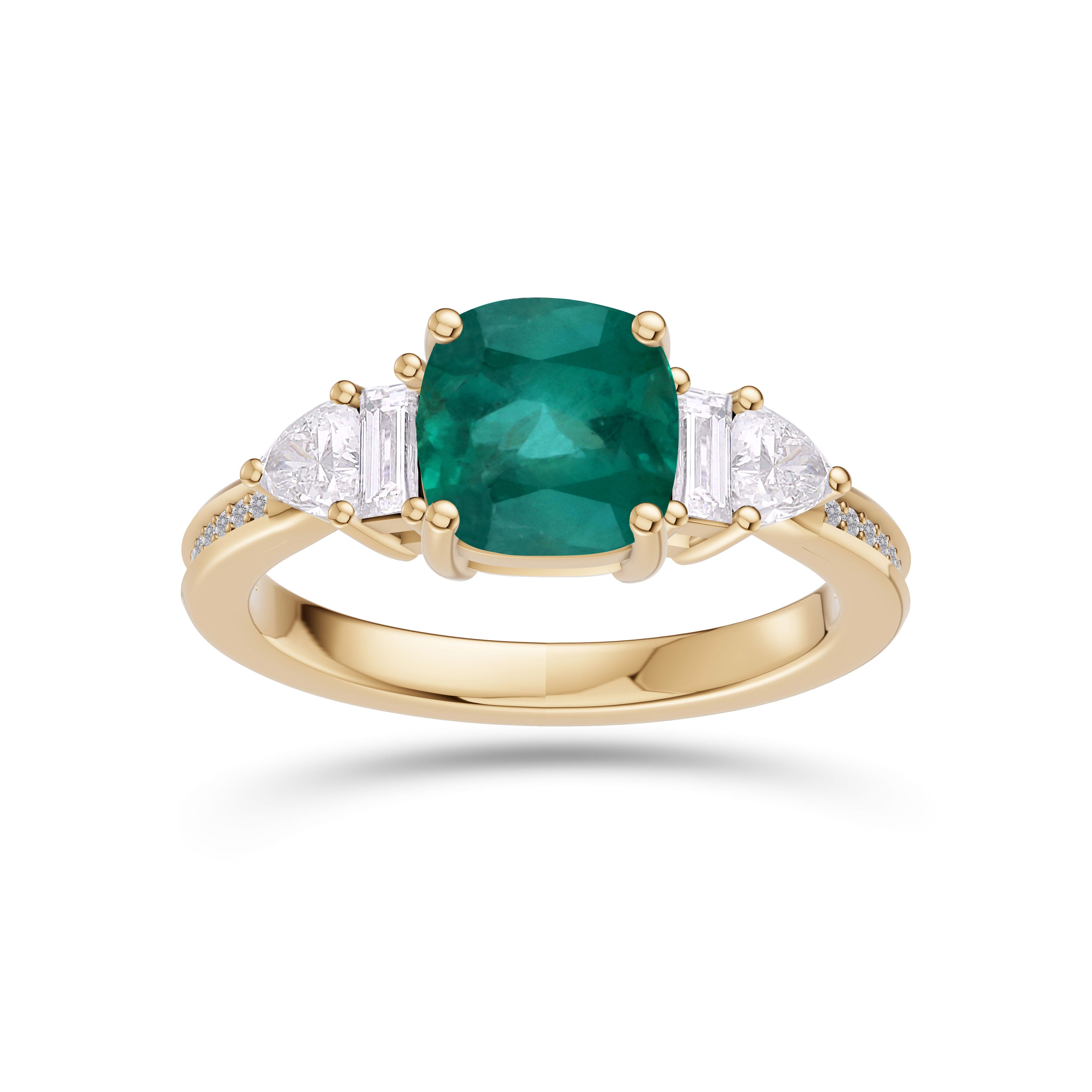Emerald Cushion & Diamond Ring In 14K Gold