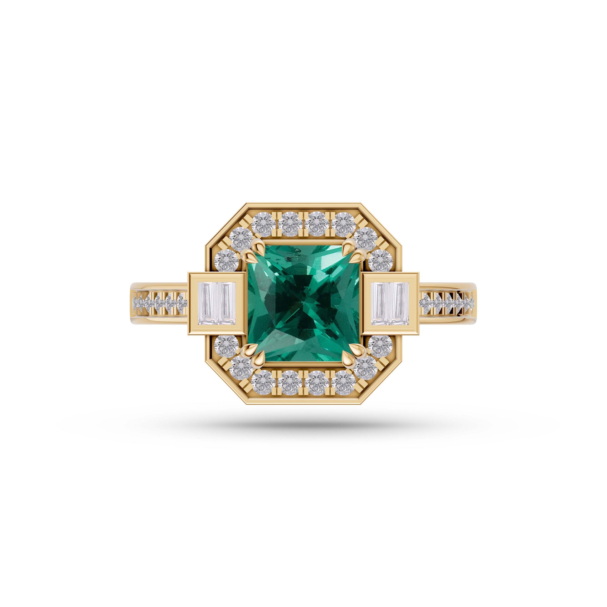 Emerald Cushion Prestige Ring In 14K Gold