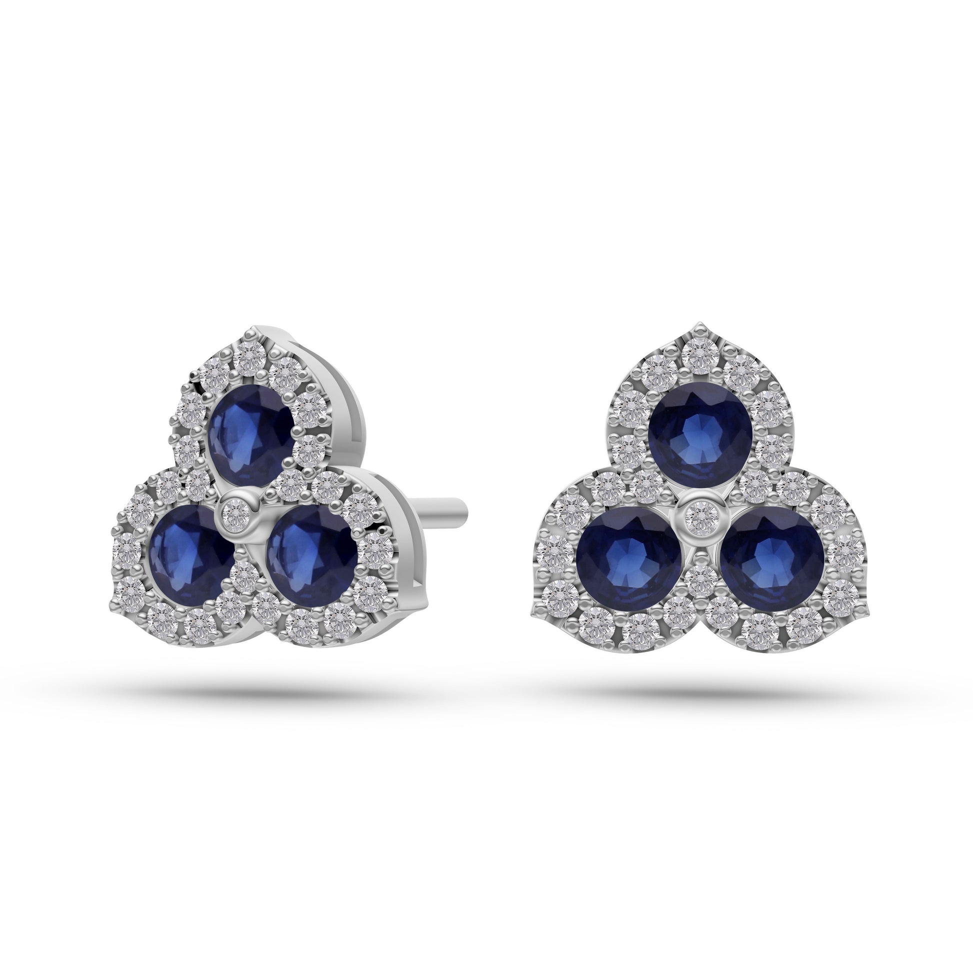 Blue Sapphire Trinity Diamond Halo Stud Earrings In 18K Gold