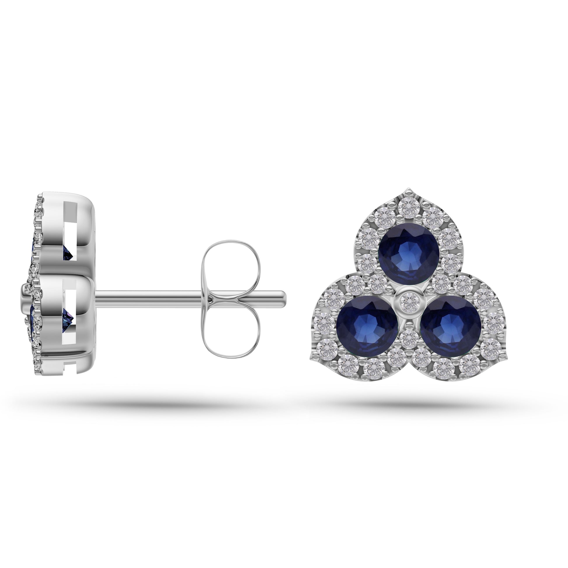 Blue Sapphire Trinity Diamond Halo Stud Earrings In 18K Gold