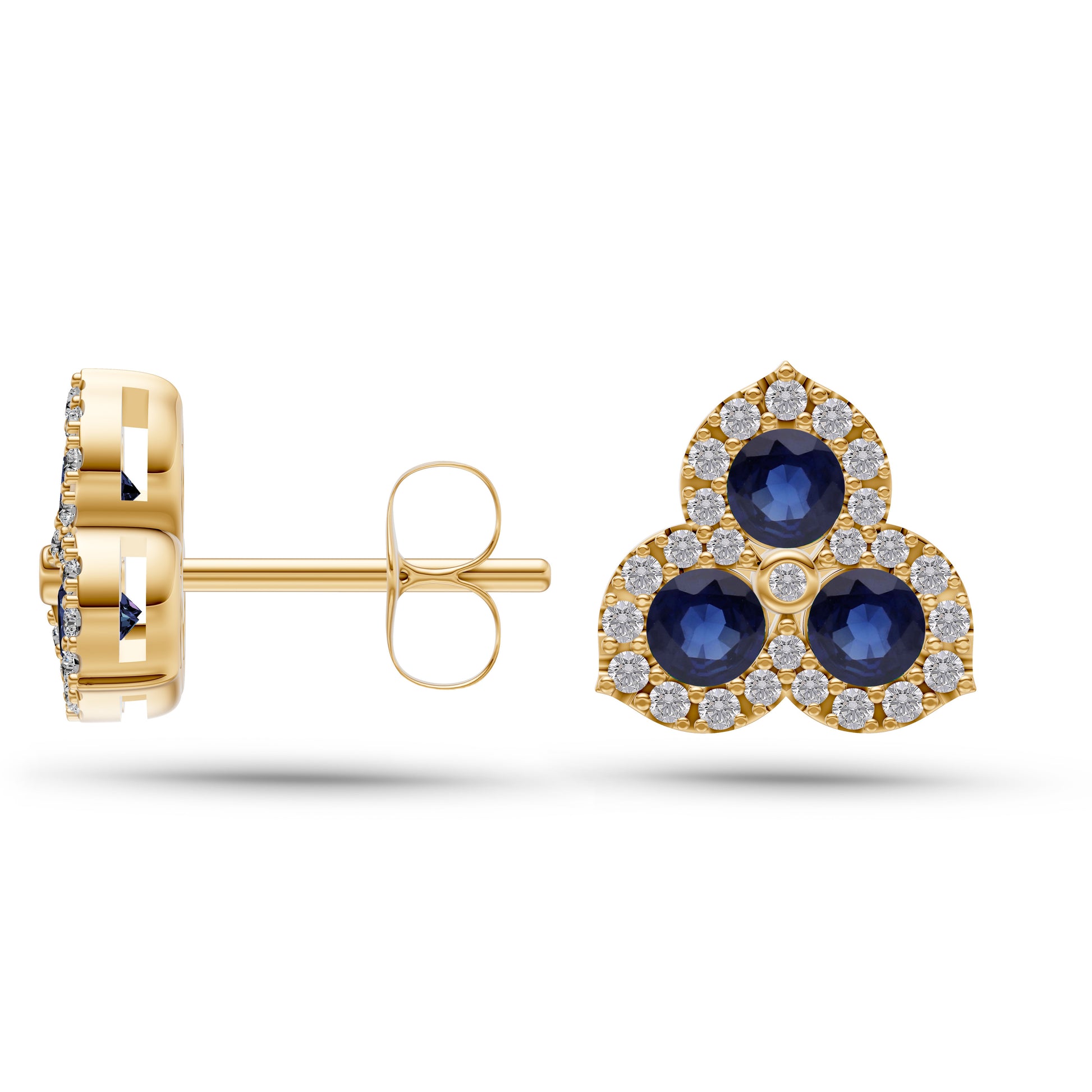 Blue Sapphire Trinity Diamond Halo Stud Earrings In 18K Gold