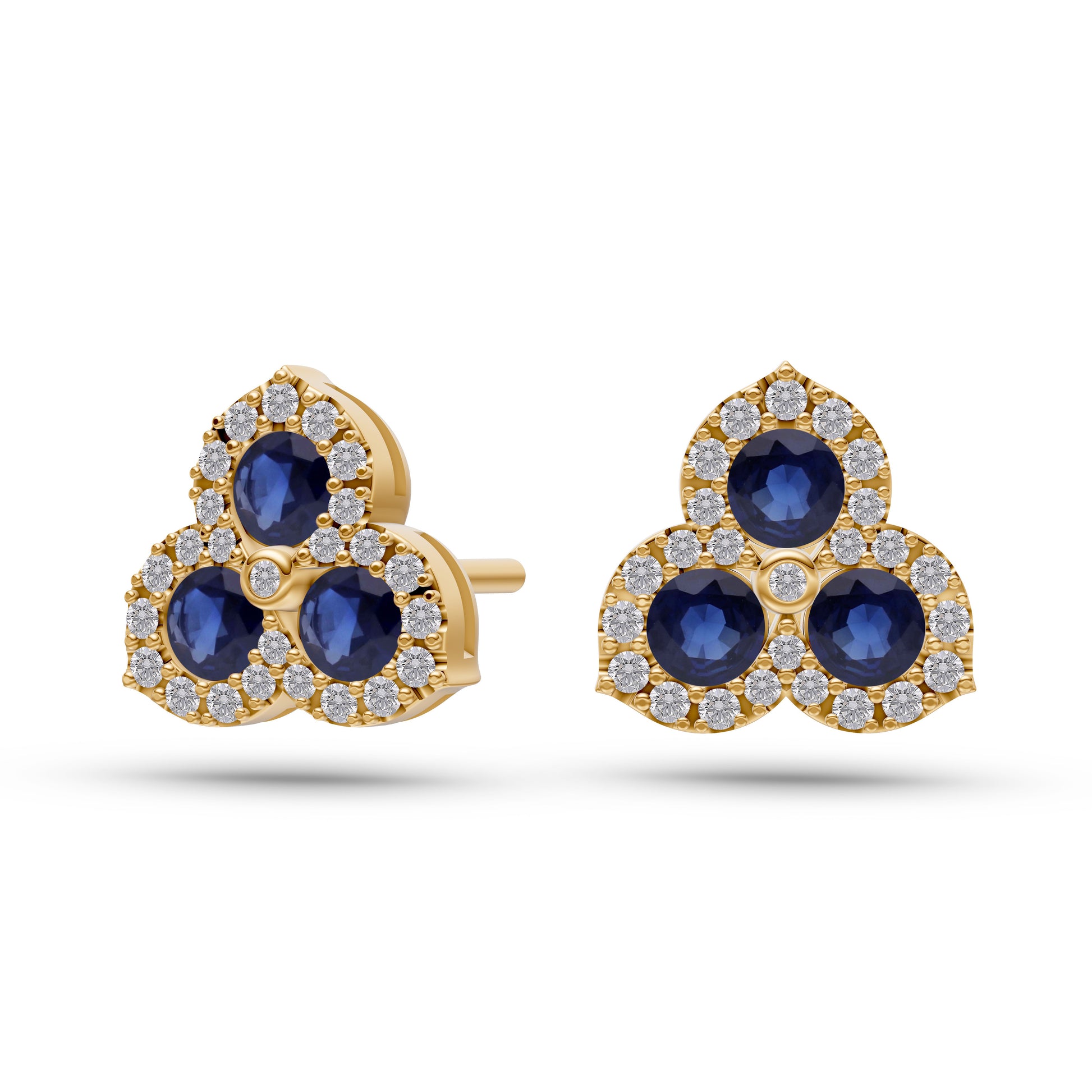 Blue Sapphire Trinity Diamond Halo Stud Earrings In 18K Gold
