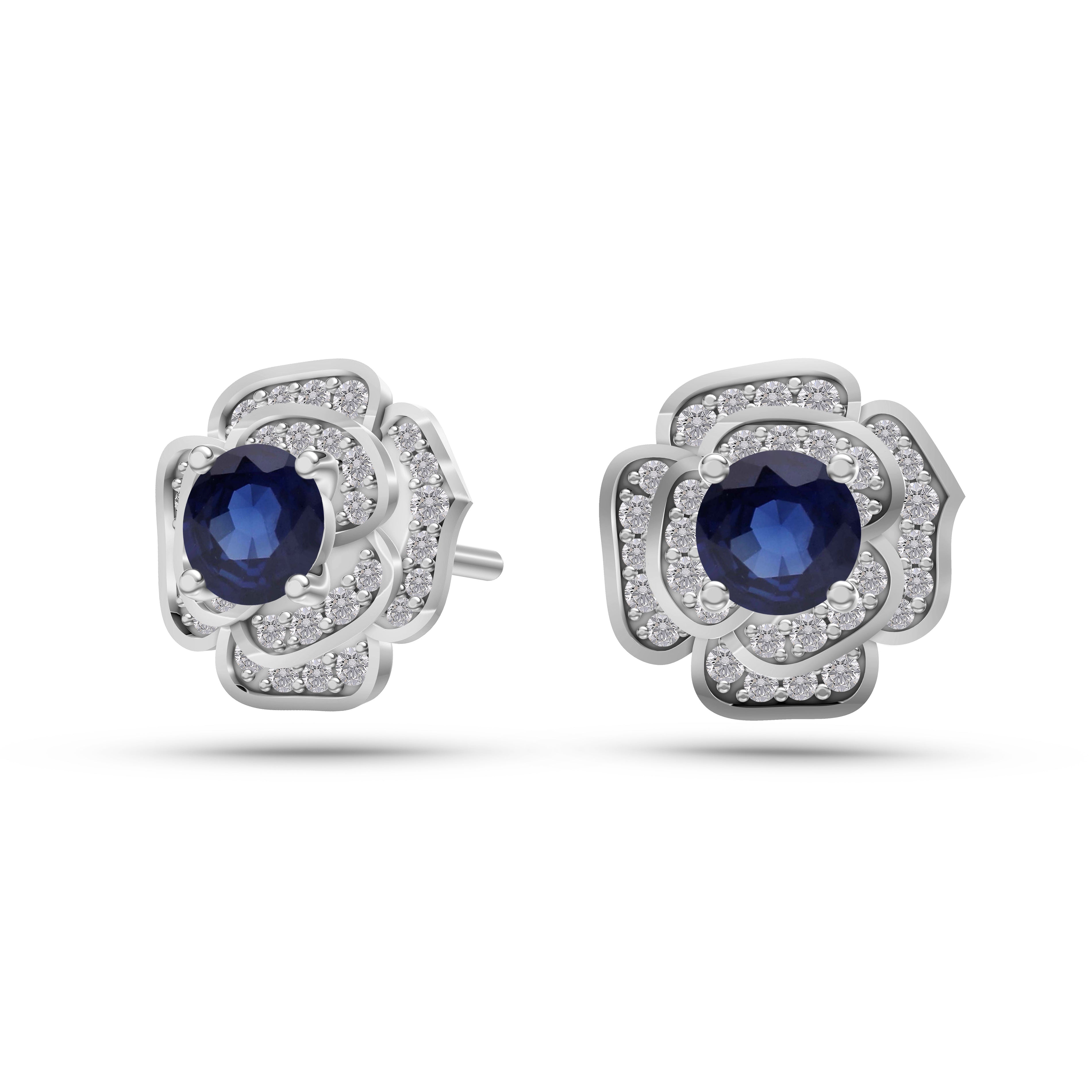 Blue Sapphire Blossom Diamond Stud Earrings In 14K Gold