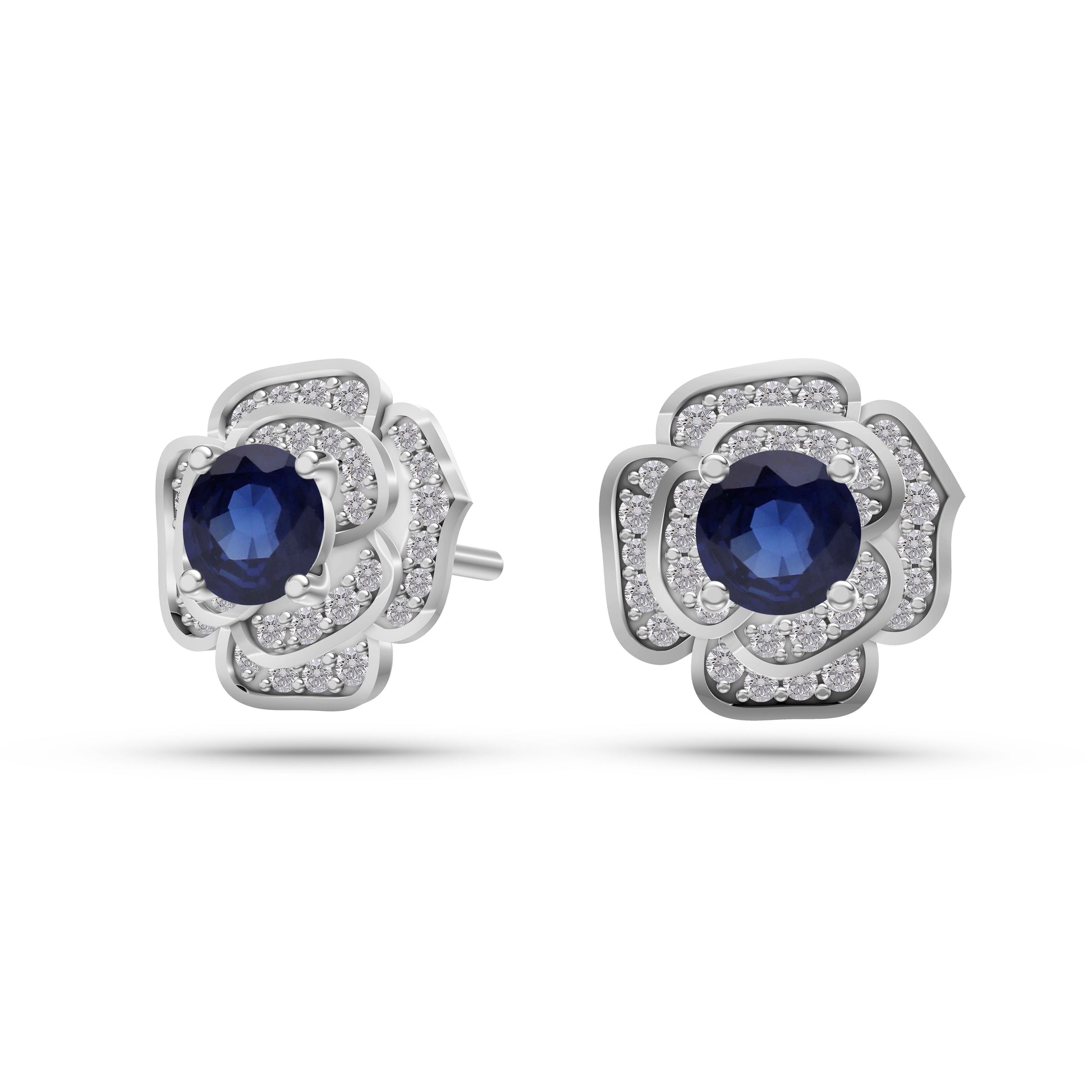Blue Sapphire Blossom Diamond Stud Earrings In 14K Gold