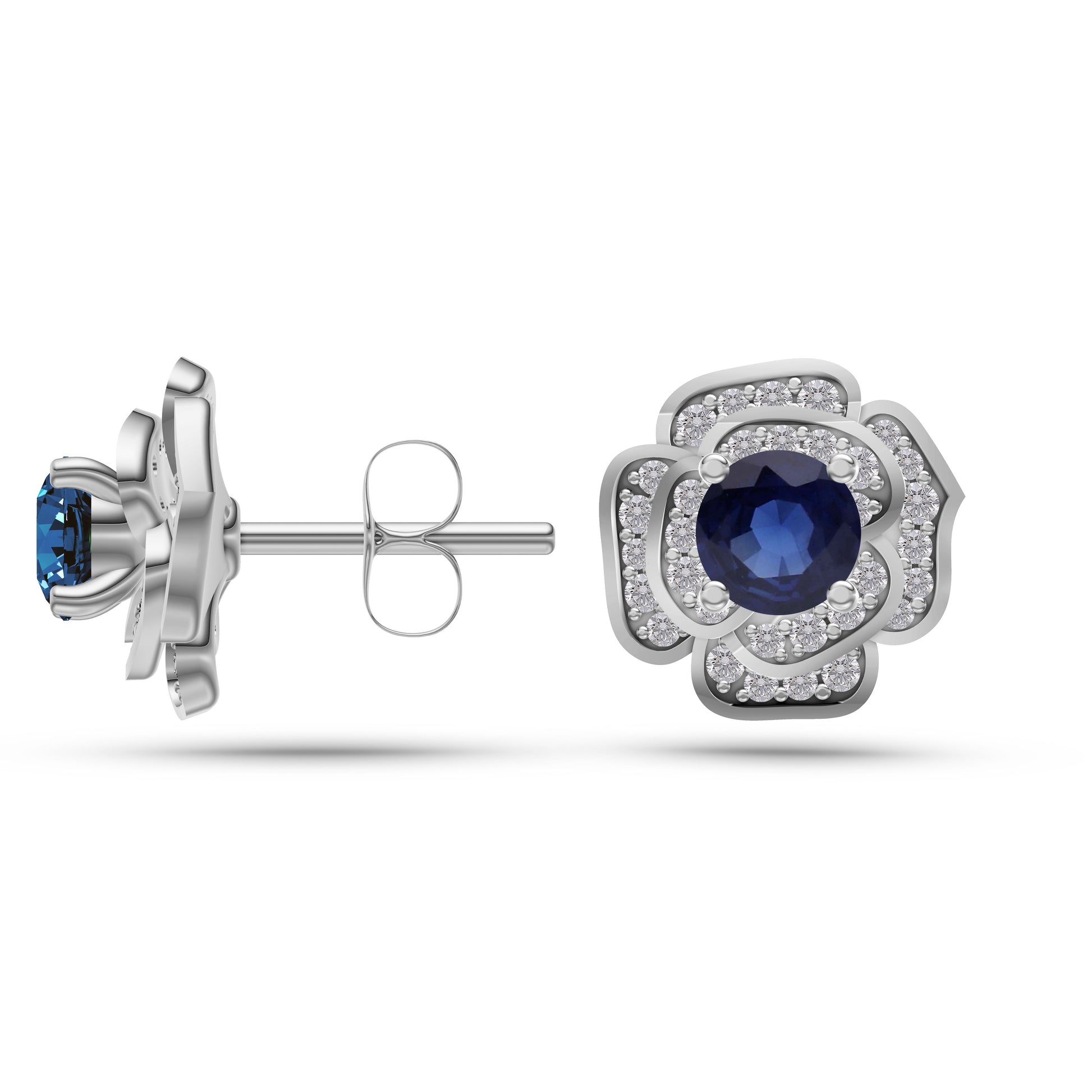 Blue Sapphire Blossom Diamond Stud Earrings In 14K Gold