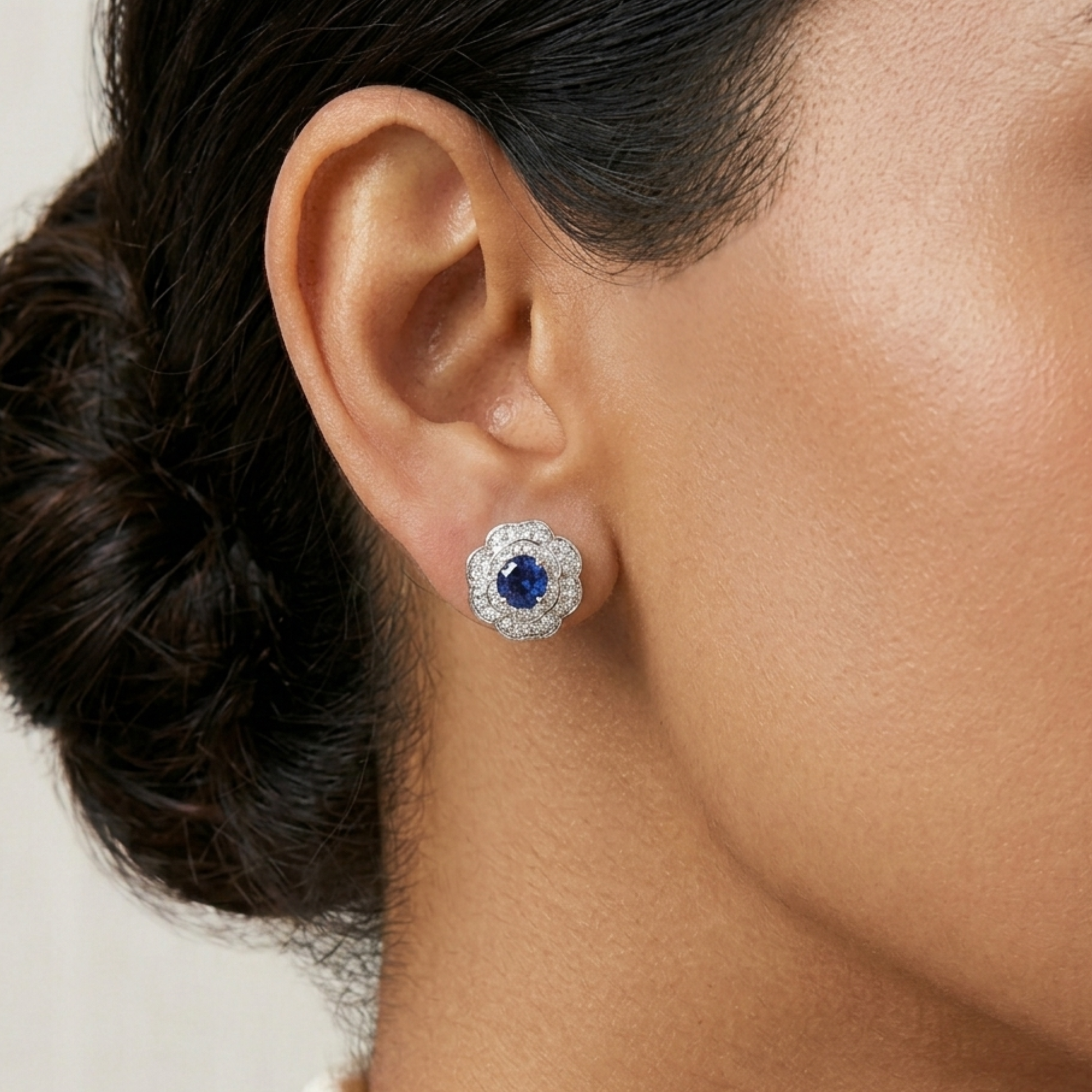 Blue Sapphire Blossom Diamond Stud Earrings In 14K Gold