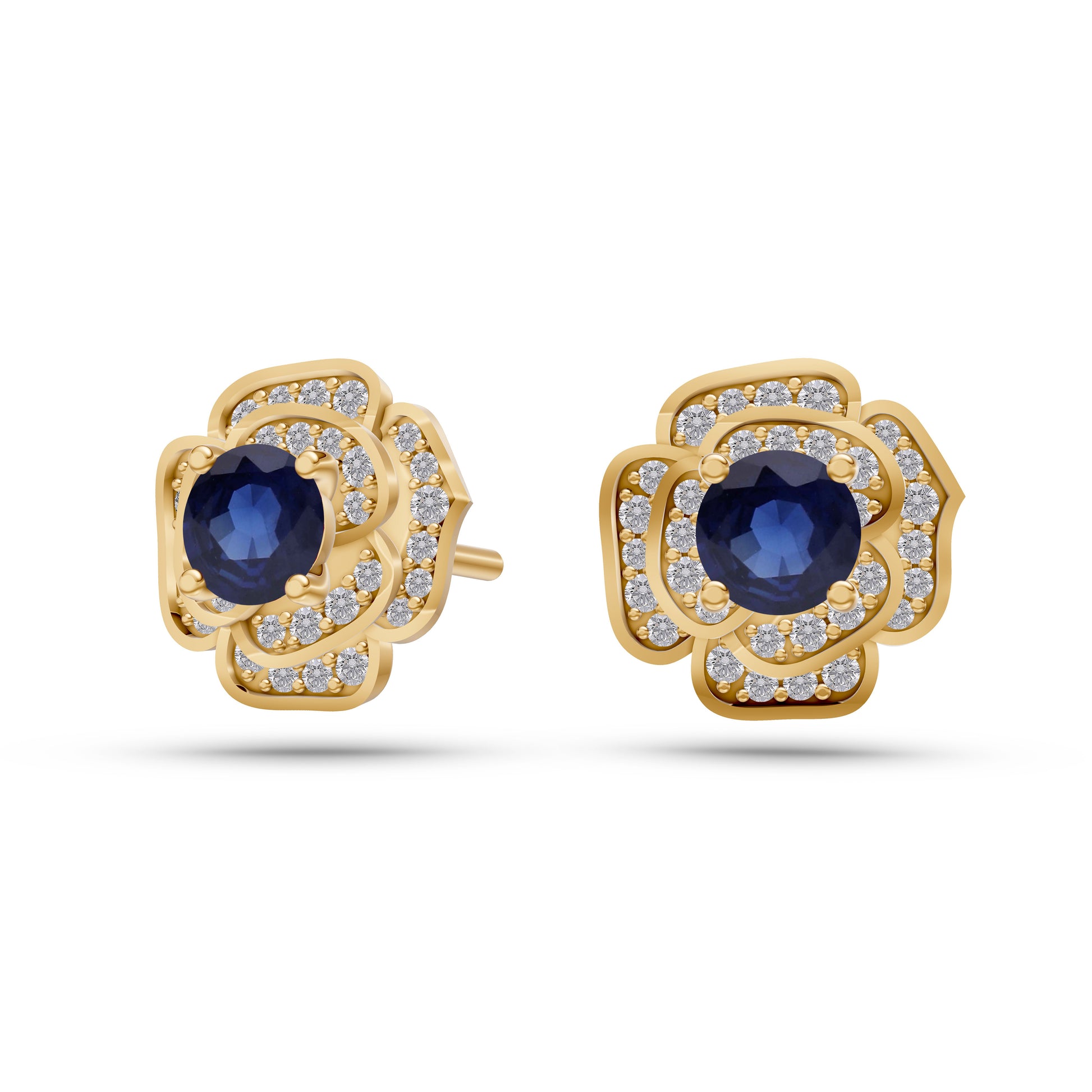 Blue Sapphire Blossom Diamond Stud Earrings In 14K Gold