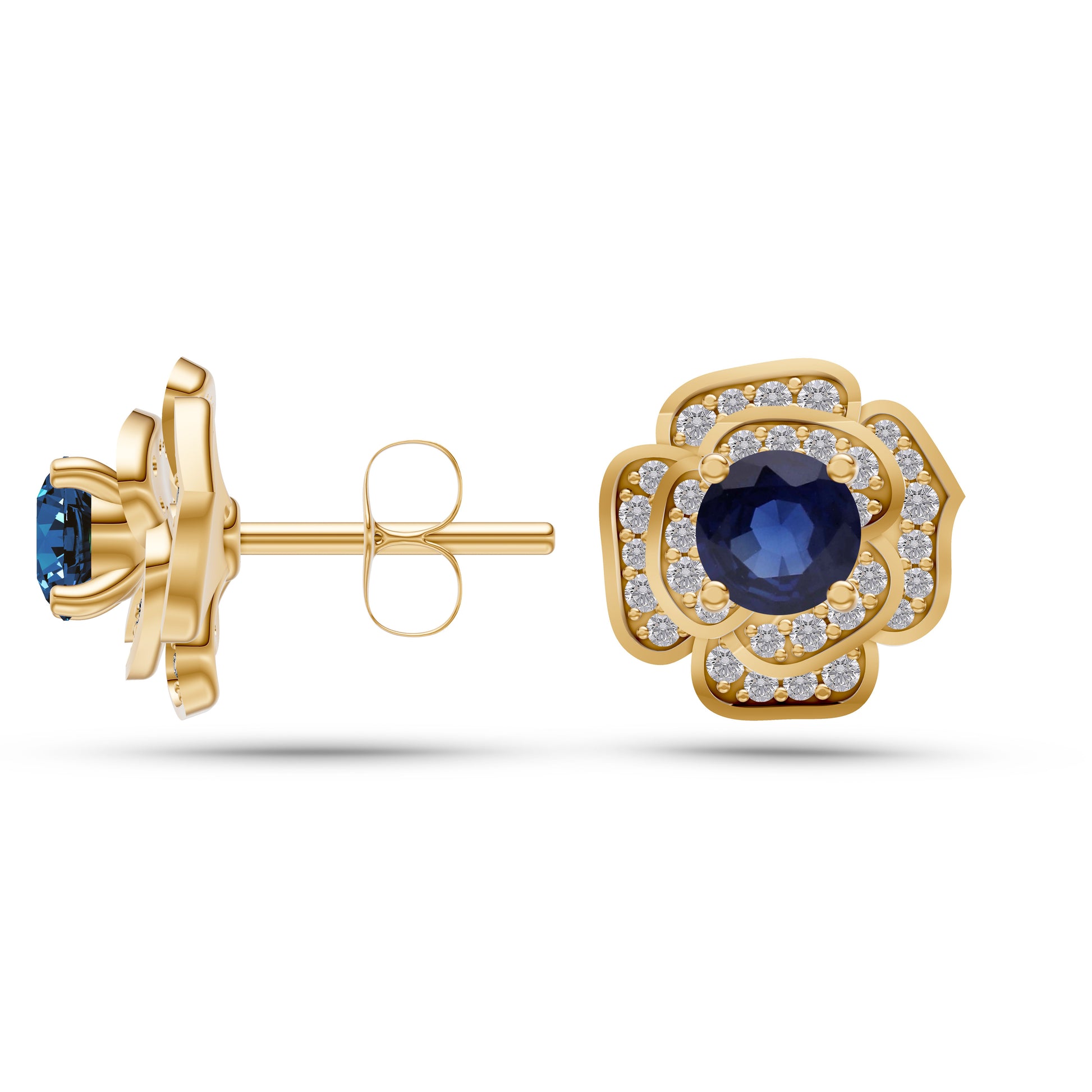 Blue Sapphire Blossom Diamond Stud Earrings In 14K Gold