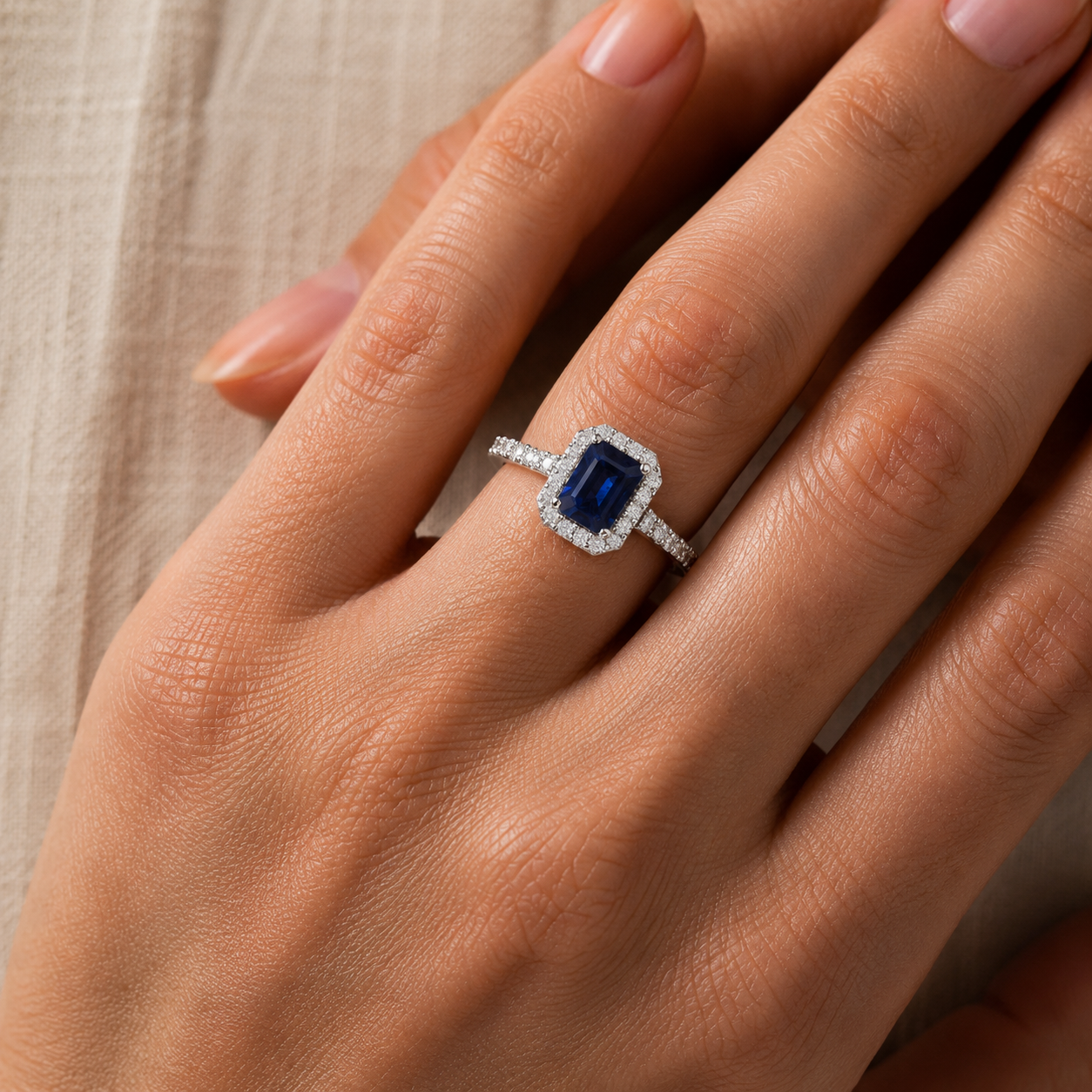 Sapphire Emerald-Cut Diamond Ring In 18K Gold