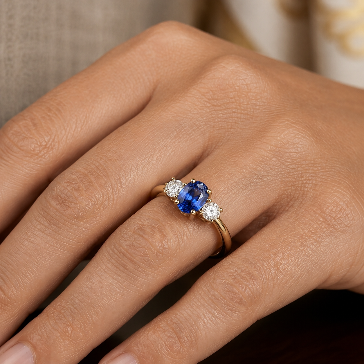 Sapphire and Diamond Three Stone Ring in 18K Gold