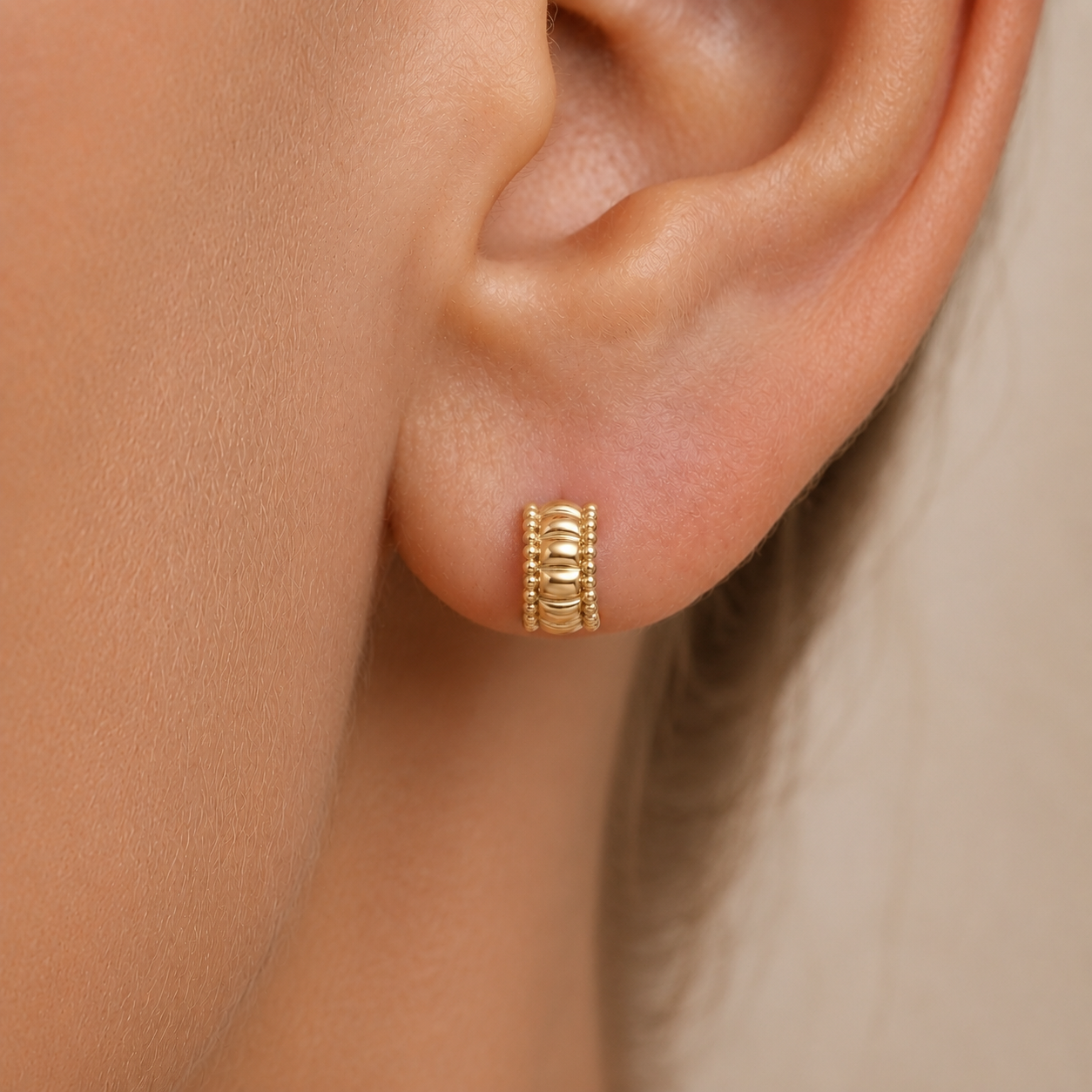 Ribbed Bead Huggie Earrings In 14K Gold