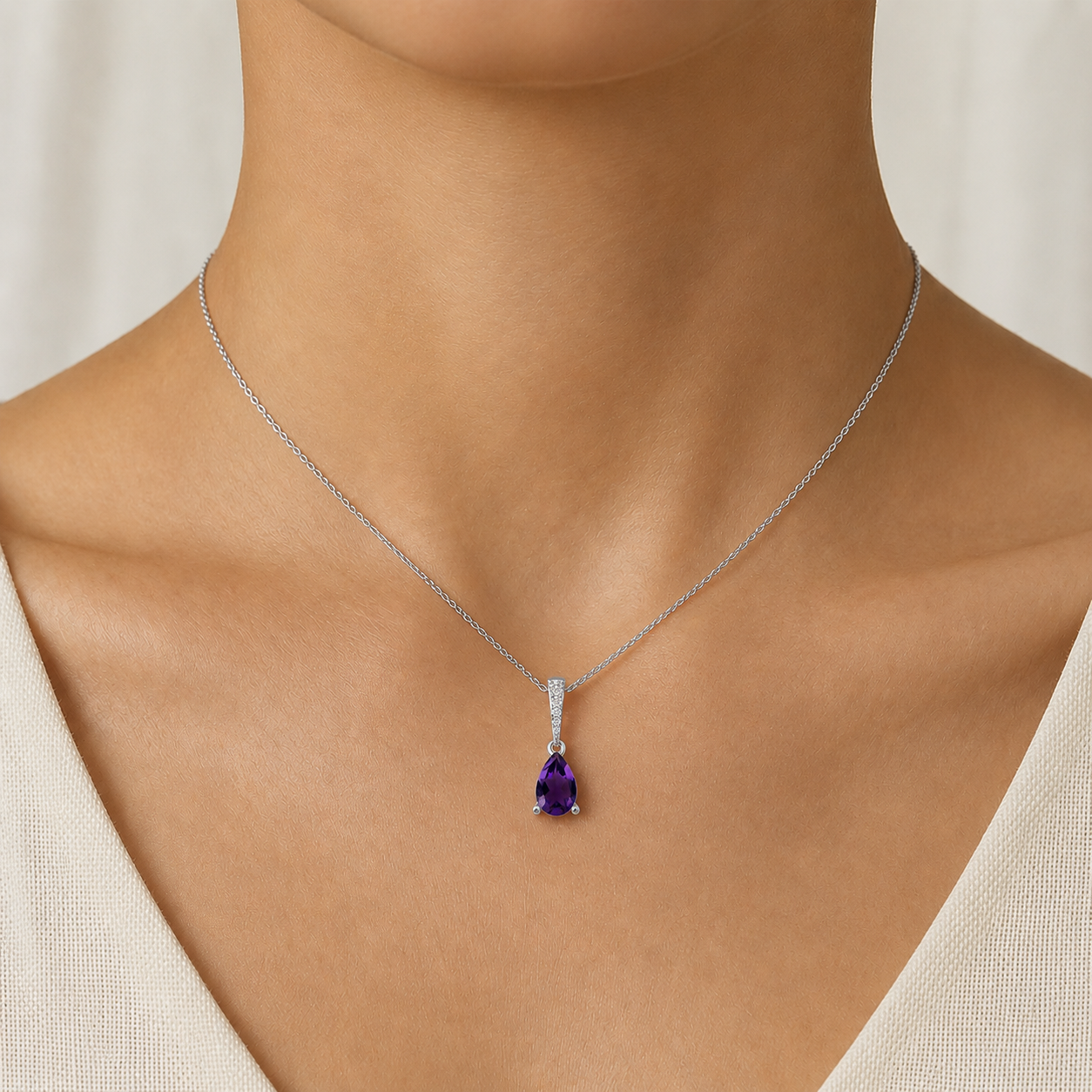Teardrop Amethyst & Diamond Pendant Necklace in 14K Gold