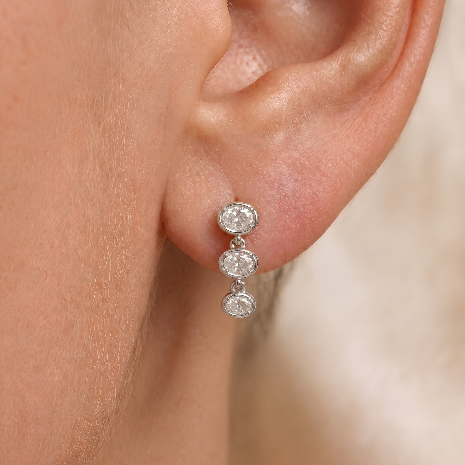 Three-Diamond Oval Drop Earrings in 14K Gold