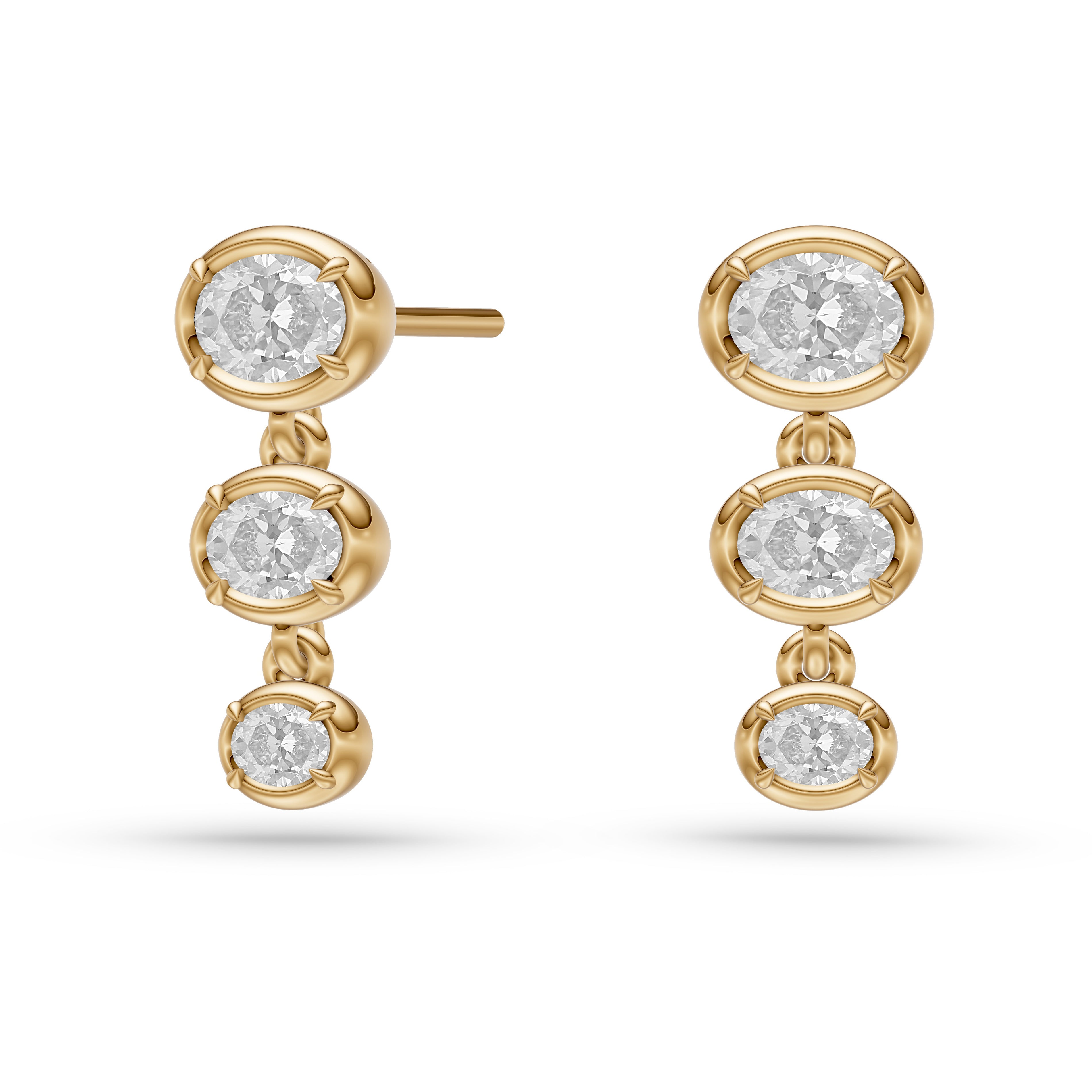 Three-Diamond Oval Drop Earrings in 14K Gold