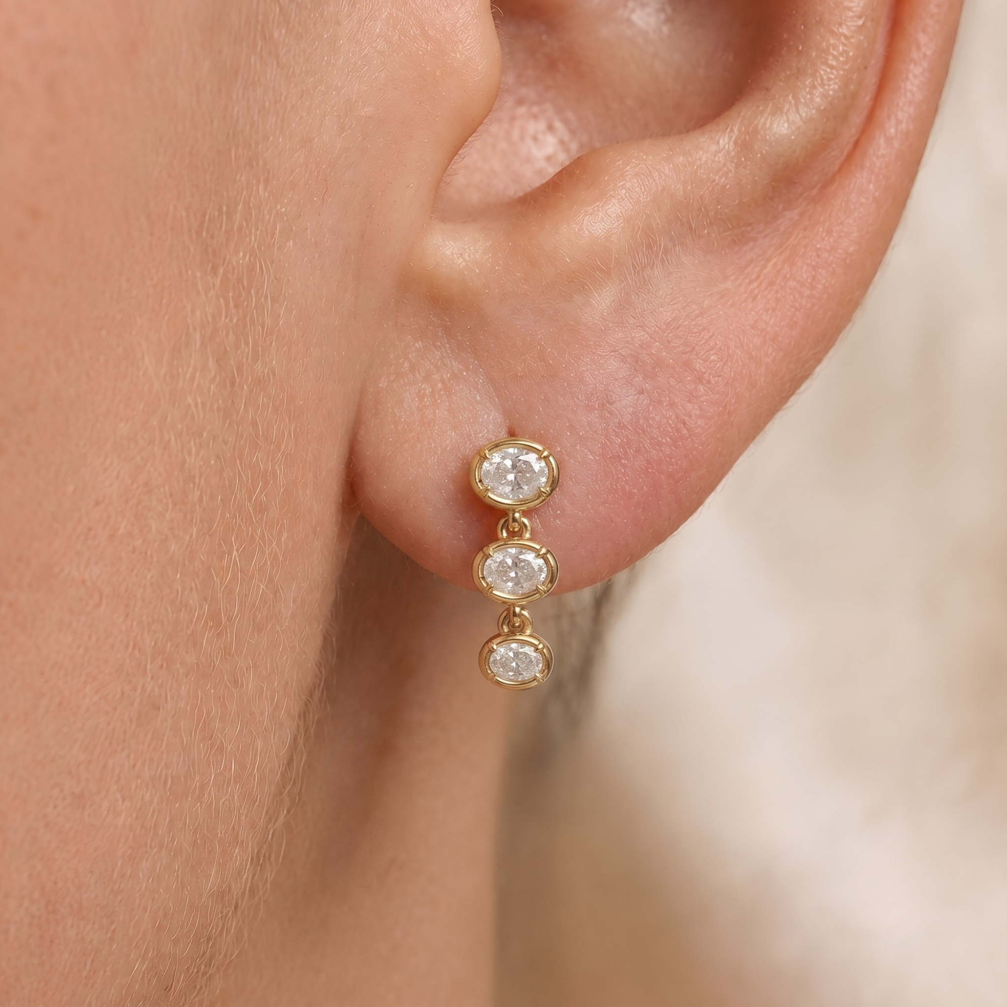 Three-Diamond Oval Drop Earrings in 14K Gold