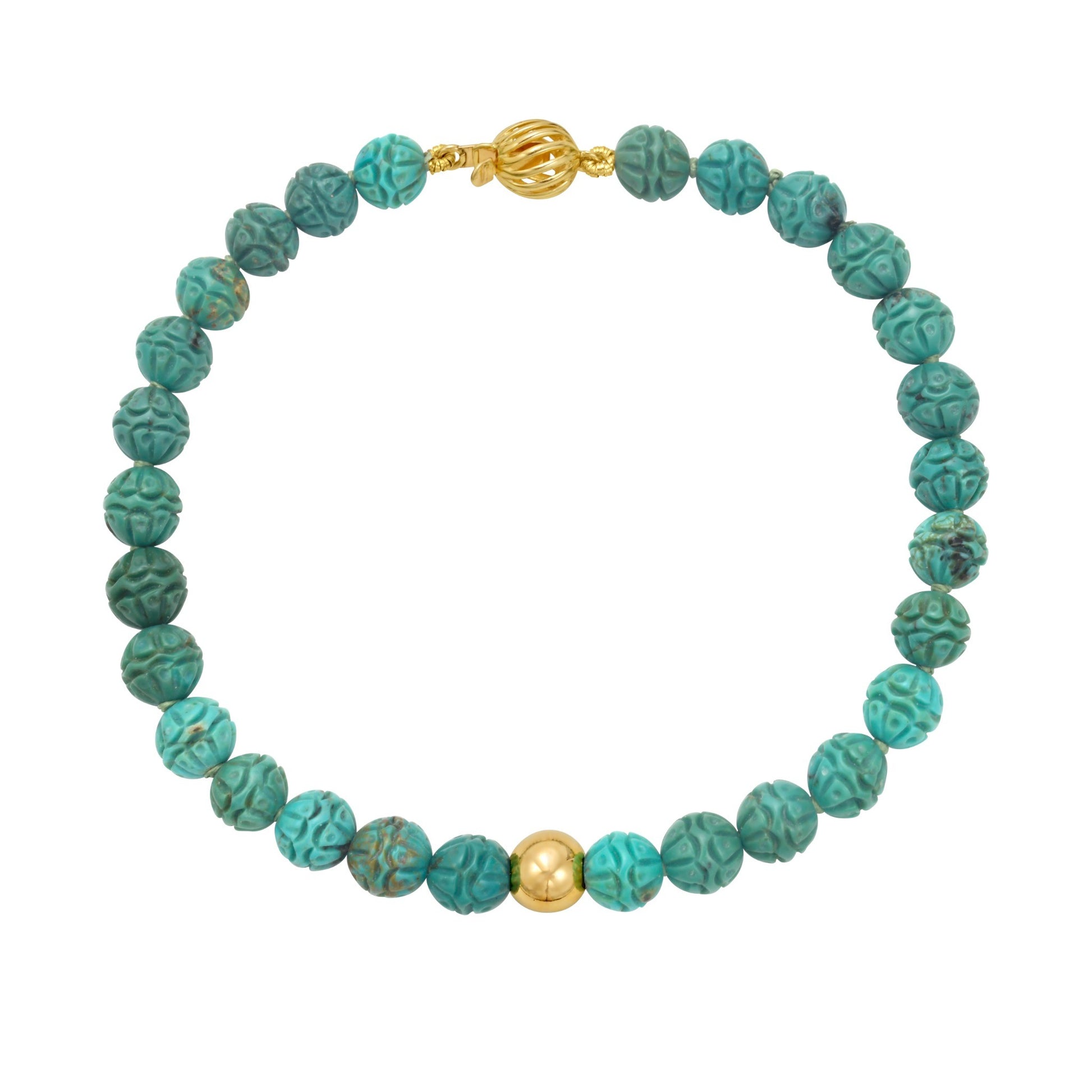 Turquoise Carved Bead Bracelet In 14K Gold