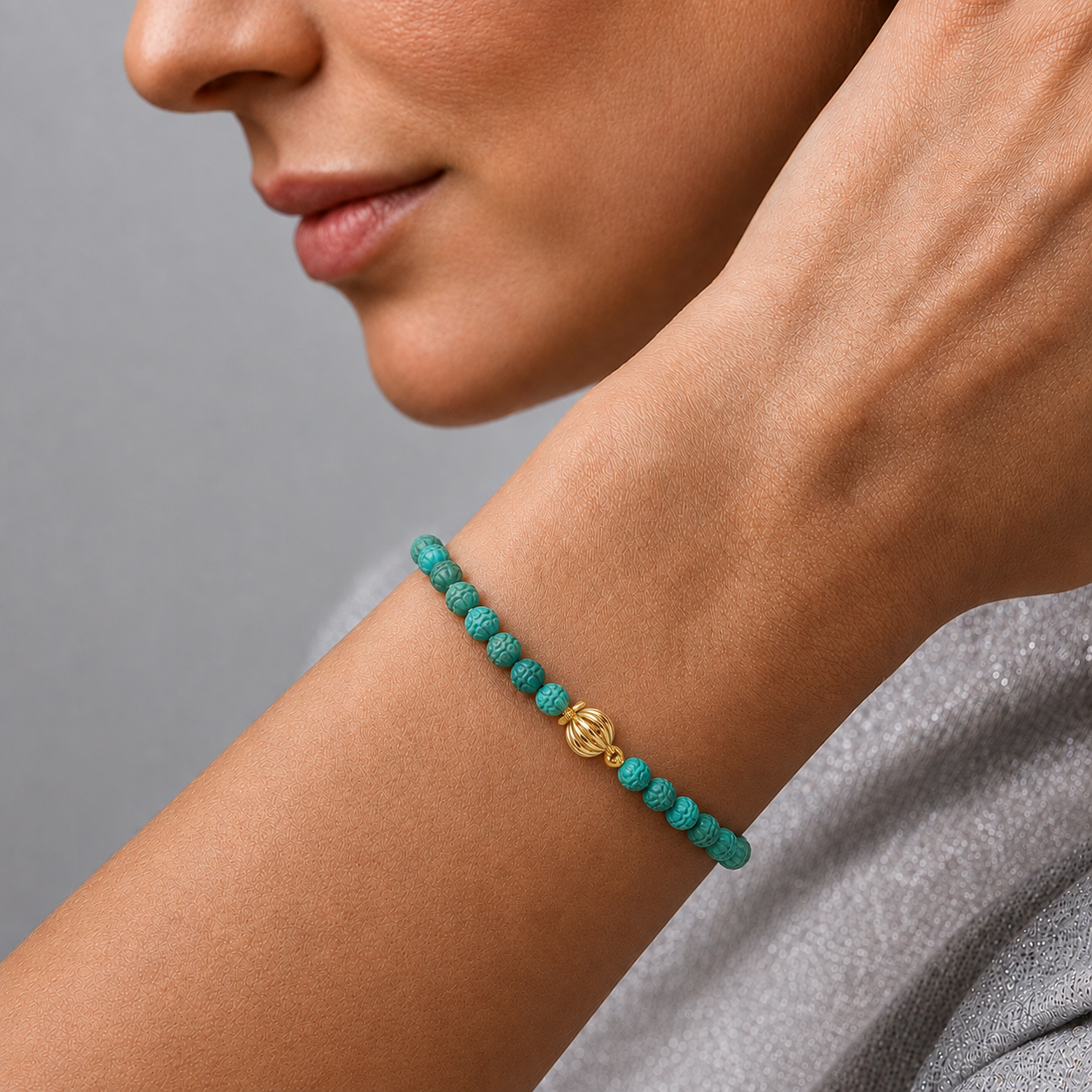 Turquoise Carved Bead Bracelet In 14K Gold