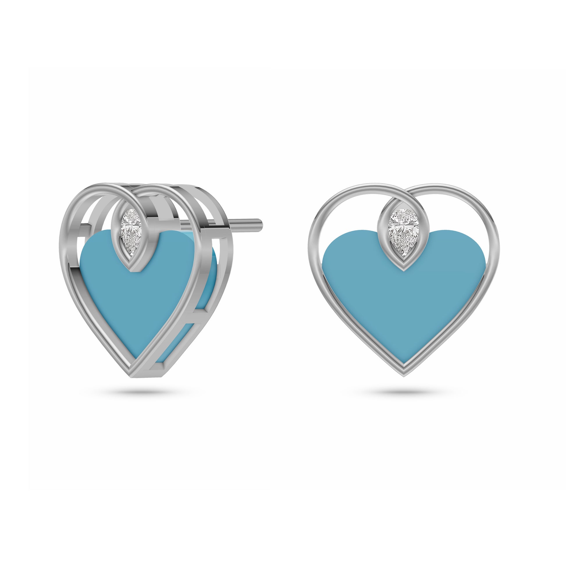 Turquoise Heart Diamond Stud Earrings In 14K Gold