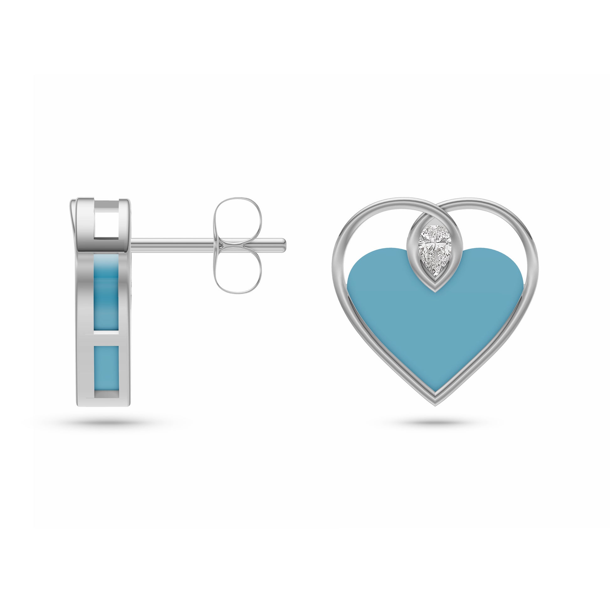 Turquoise Heart Diamond Stud Earrings In 14K Gold