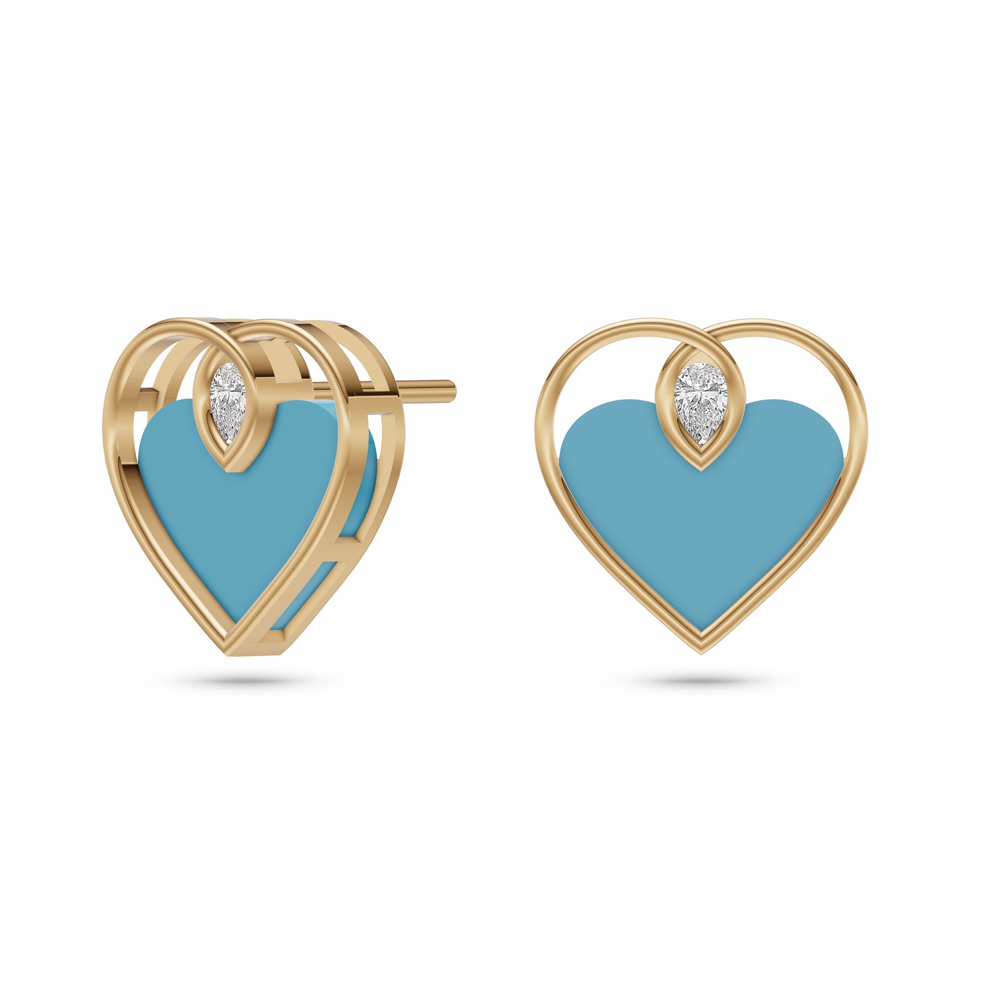 Turquoise Heart Diamond Stud Earrings In 14K Gold