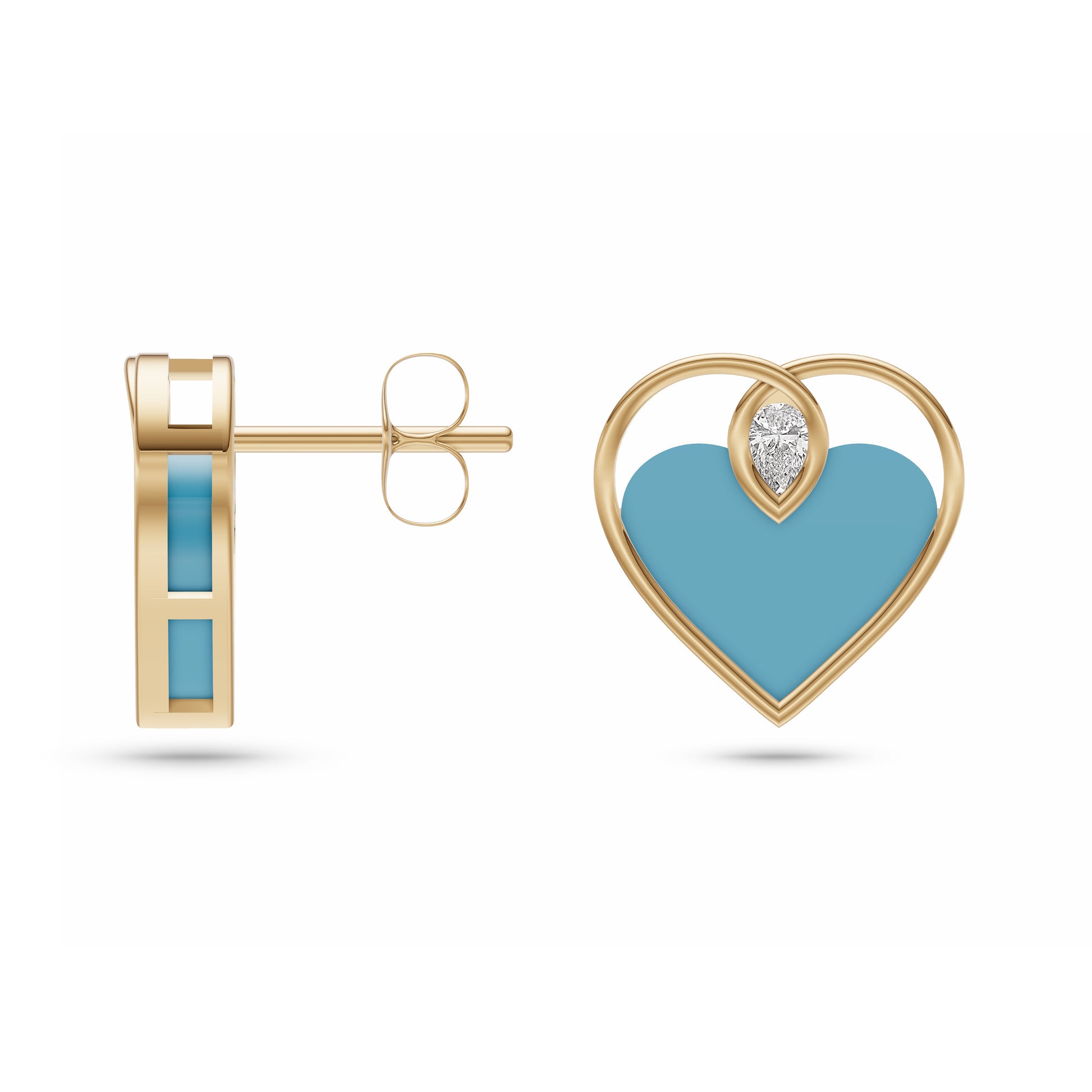 Turquoise Heart Diamond Stud Earrings In 14K Gold