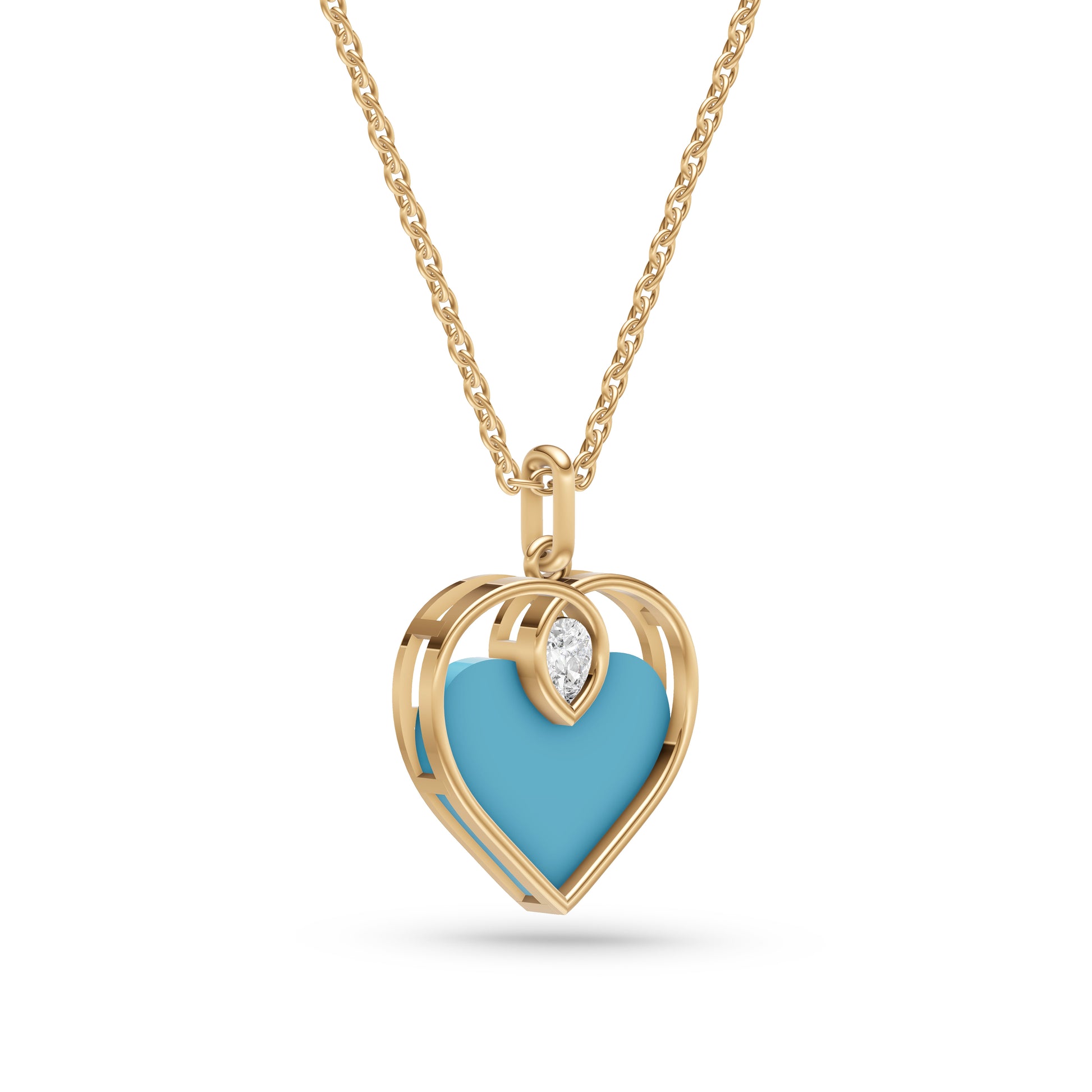 Turquoise Heart Diamond Stud Pendant In 14K Gold
