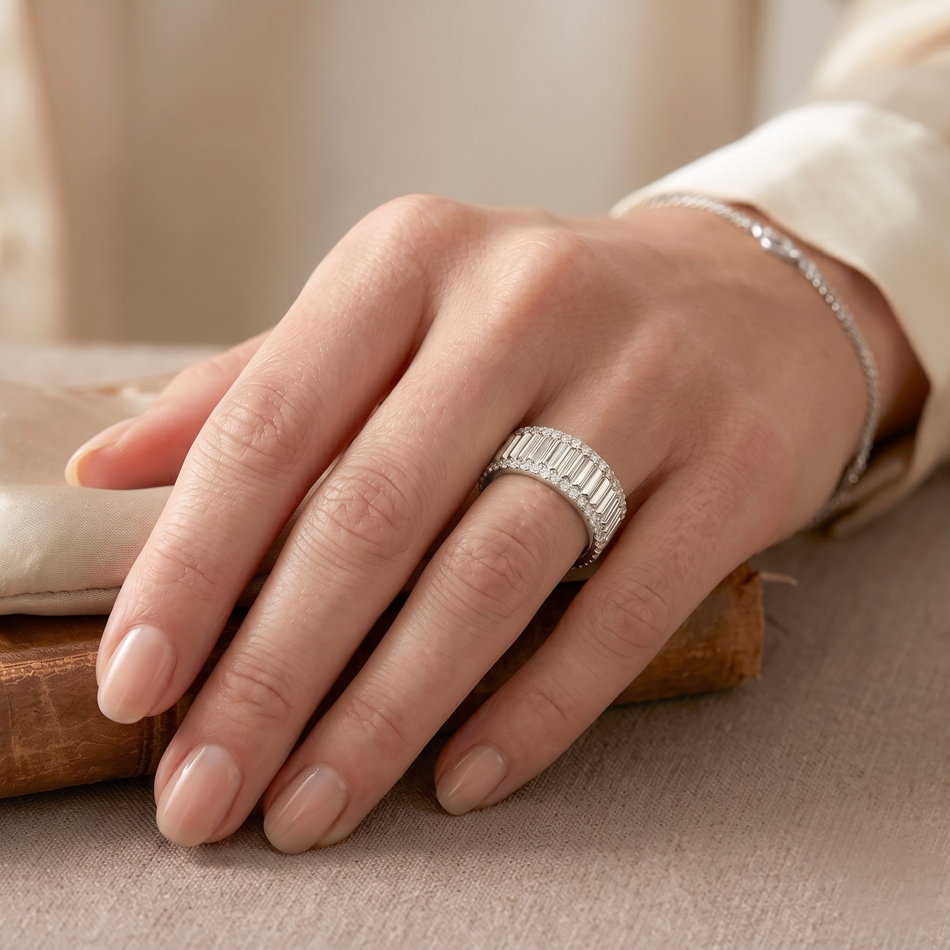 Ridged Diamond Band Ring in 14K Gold