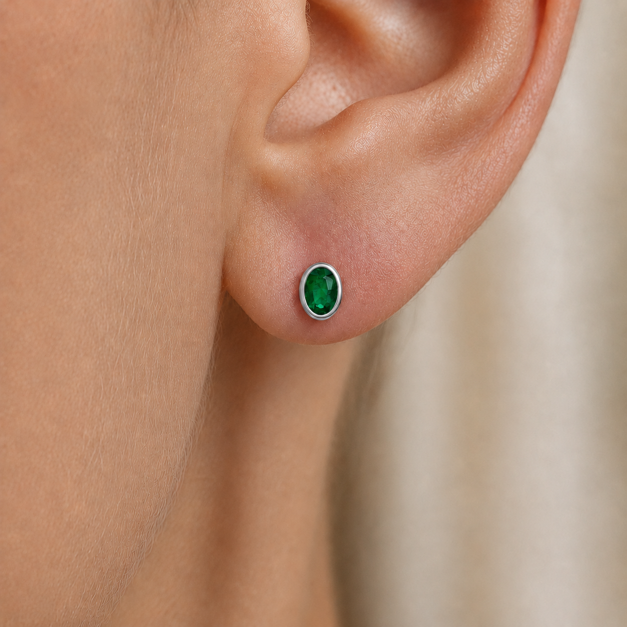 Emerald Oval Bezel Earrings in 18K Gold