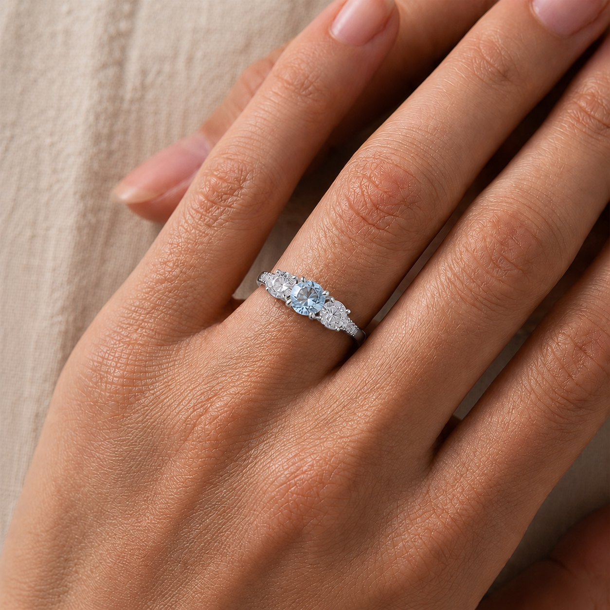 Aquamarine Three Stone Diamond Ring In 14K Gold
