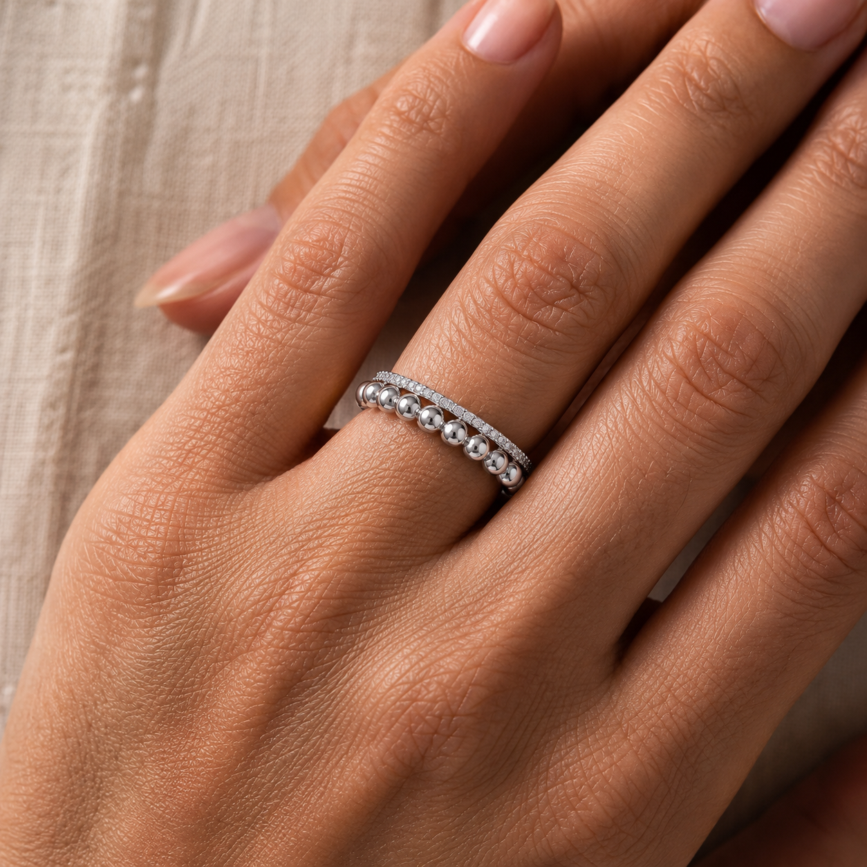 Diamond Beaded Band Ring in 14K Gold