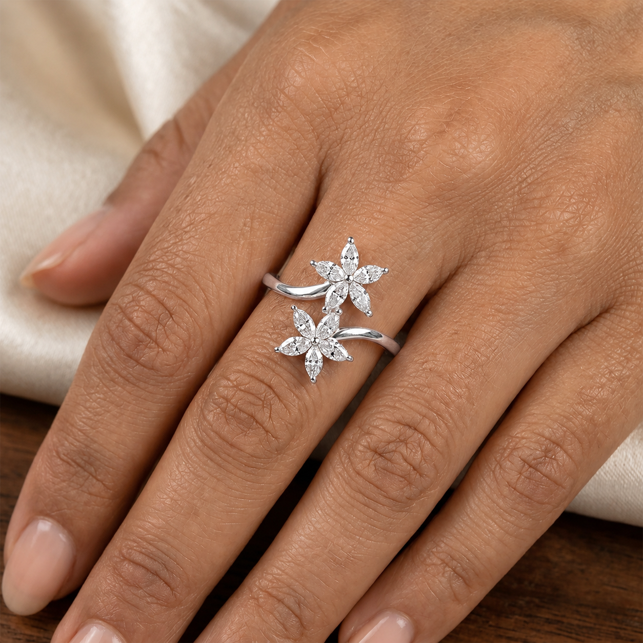 Marquise Diamond Duo Flower Ring In 14K Gold