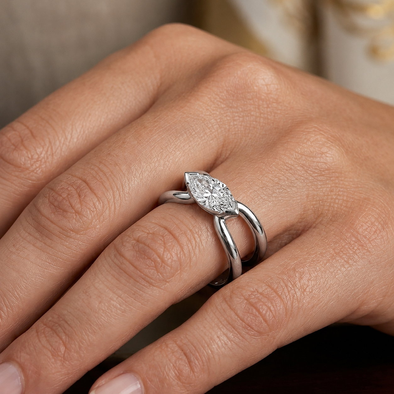 East-West Marquise Diamond Ring in 14K Gold