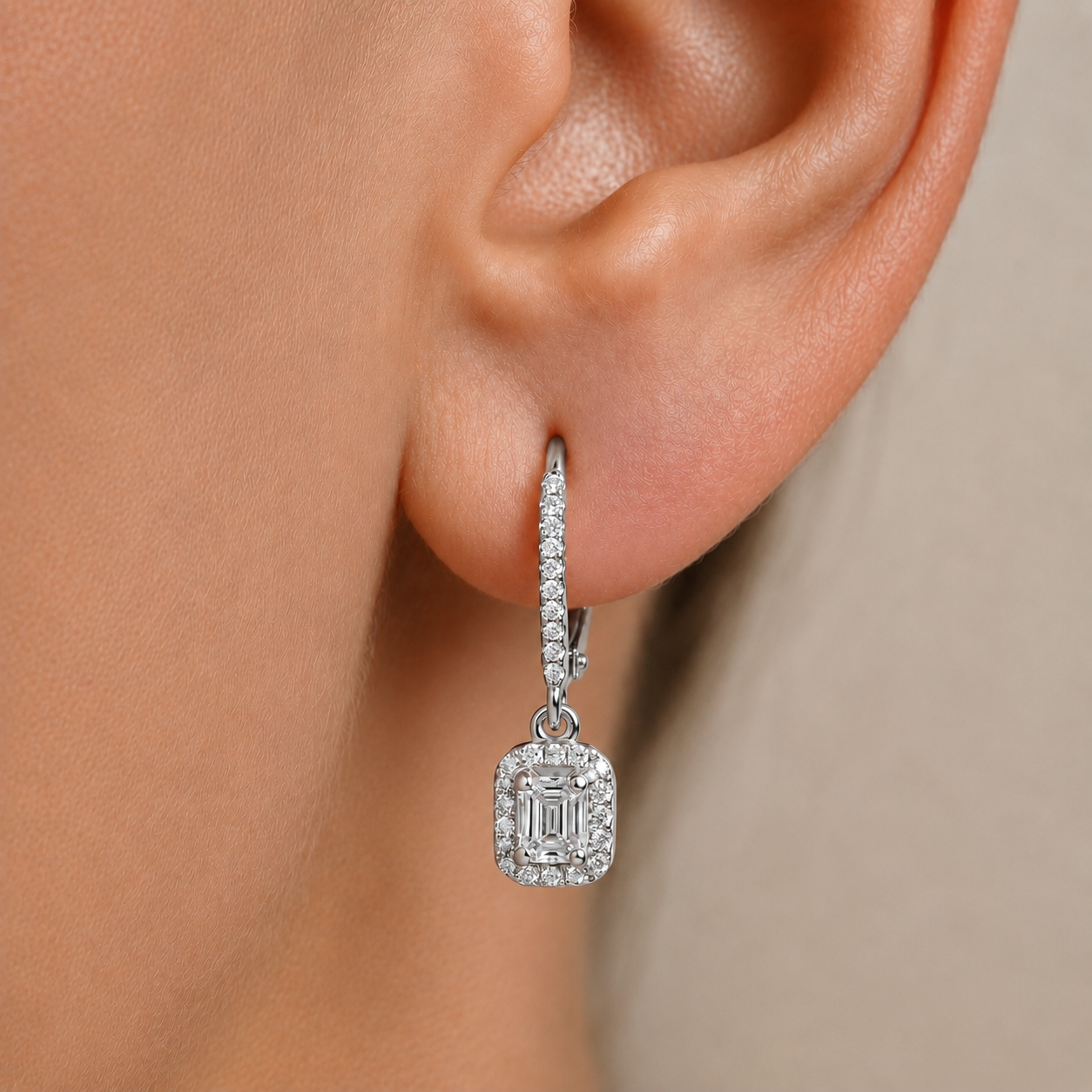 Emerald-Cut Diamond Halo Drop Earrings In 14K Gold